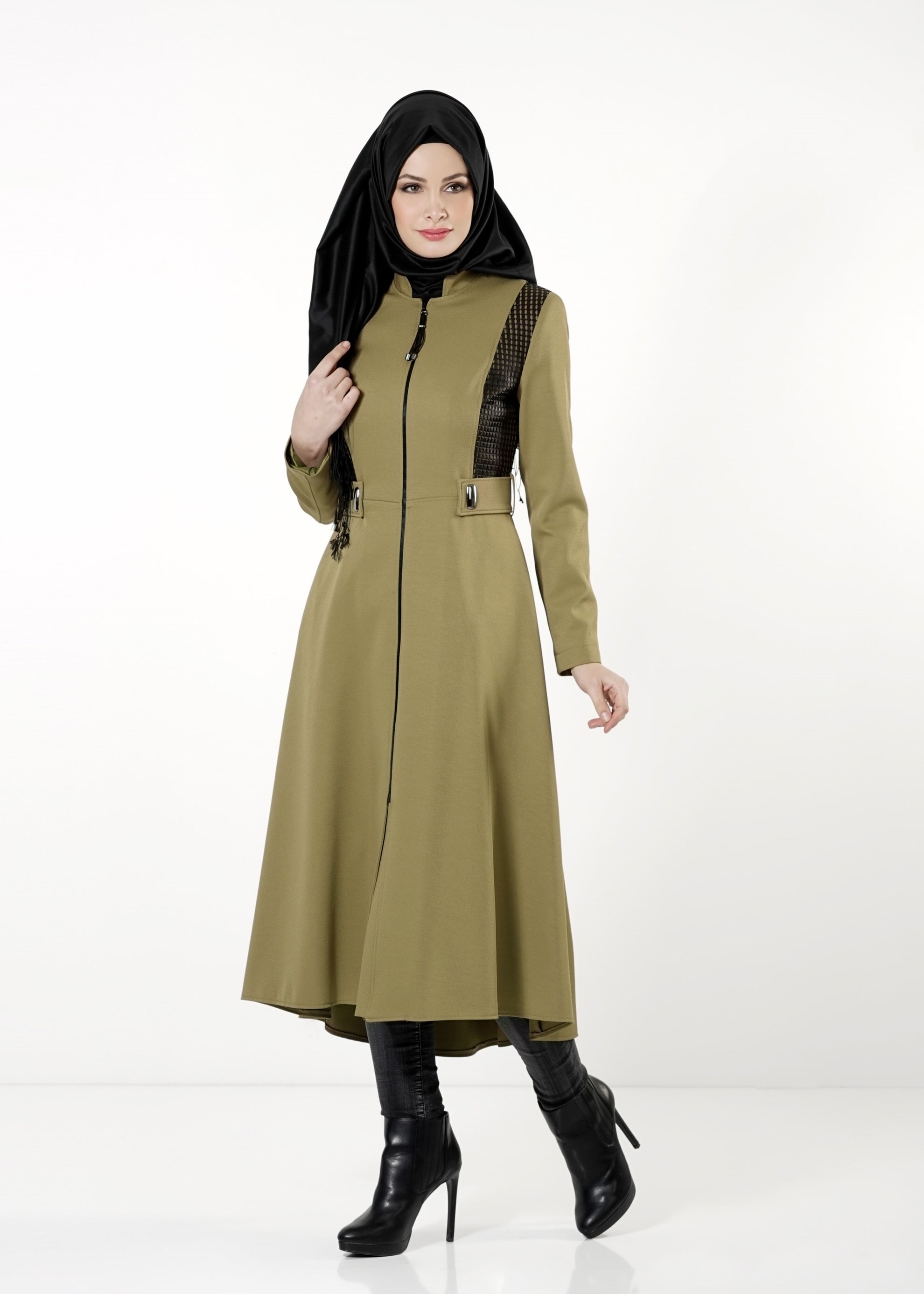 Tesettür giyim YEŞİL FERMUARLI TRENÇKOT 1605 