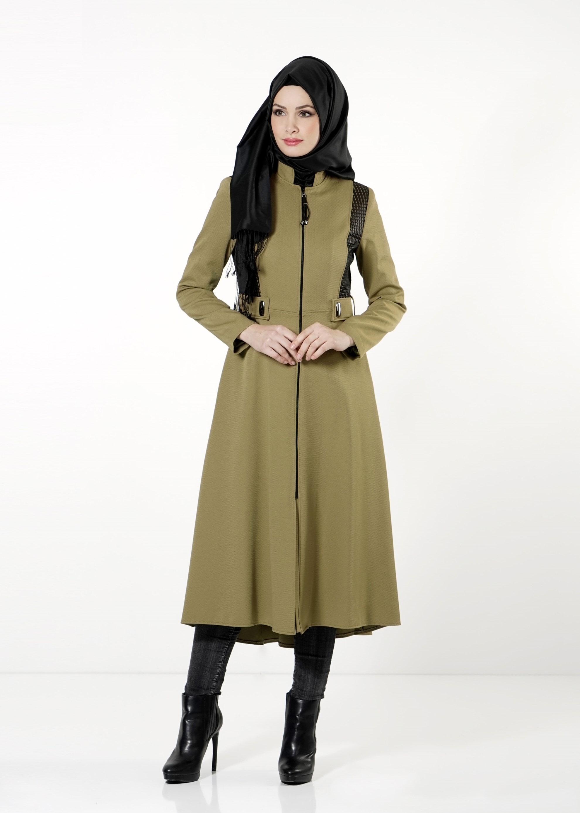 Tesettür giyim YEŞİL FERMUARLI TRENÇKOT 1605 