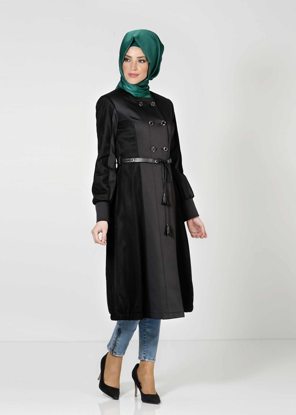 Tesettür giyim SİYAH KEMERLİ DÜĞMELİ TRENÇKOT 1606 