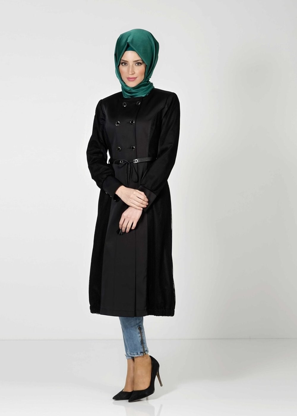 Tesettür giyim SİYAH KEMERLİ DÜĞMELİ TRENÇKOT 1606 