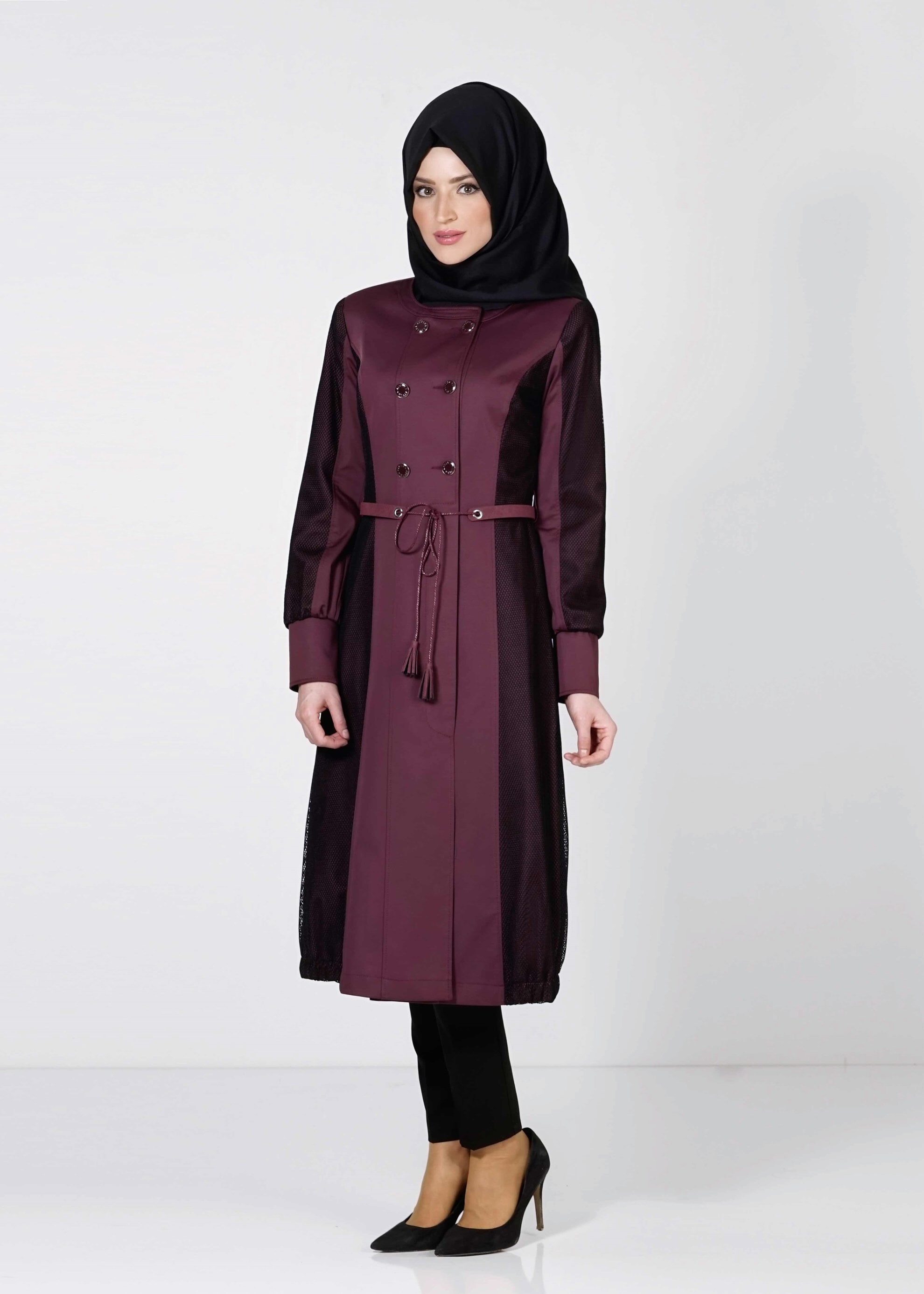 Tesettür giyim MÜRDÜM KEMERLİ DÜĞMELİ TRENÇKOT 1606 