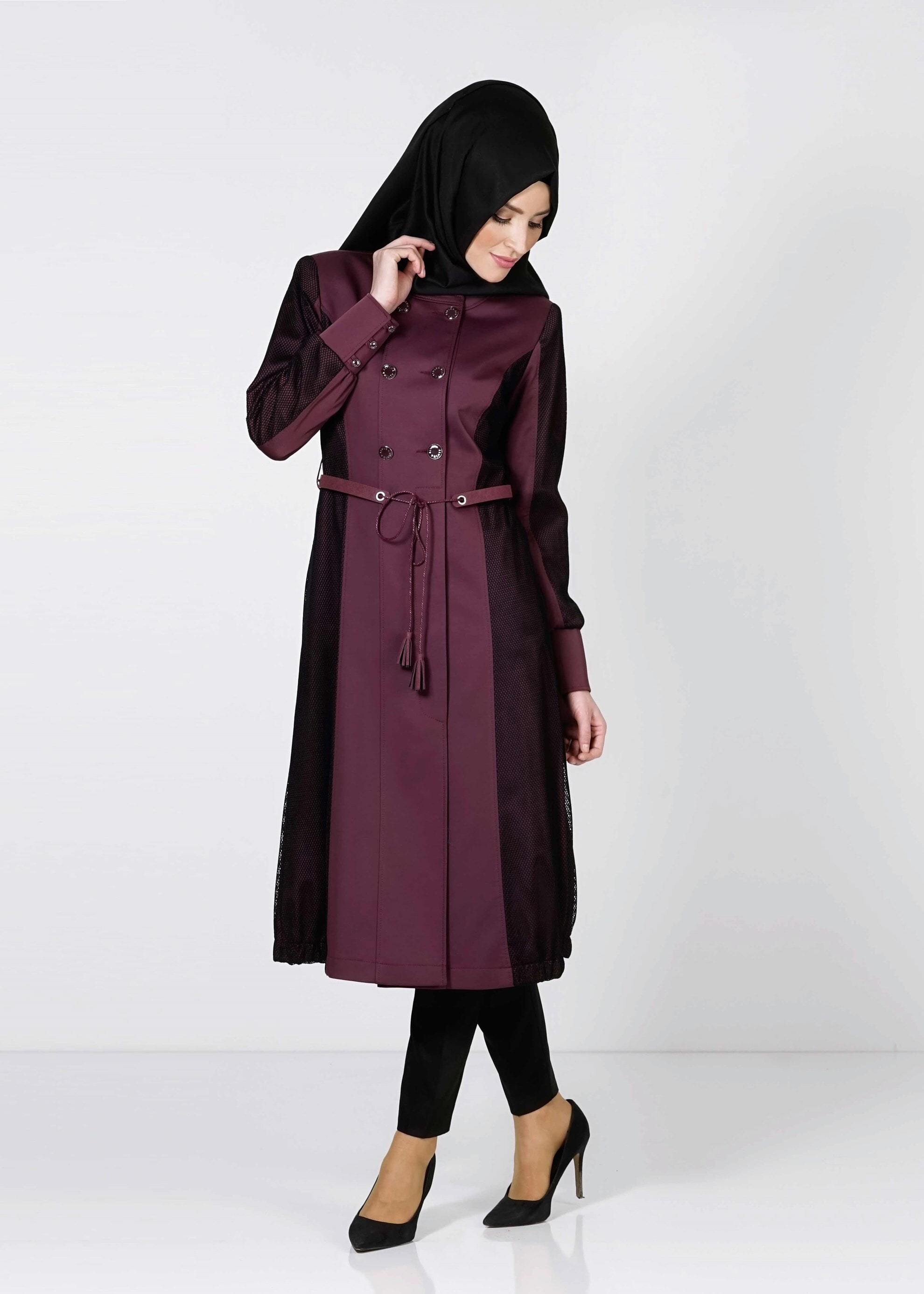 Tesettür giyim MÜRDÜM KEMERLİ DÜĞMELİ TRENÇKOT 1606 