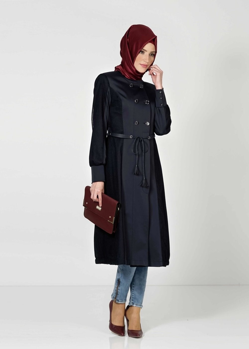 Tesettür giyim LACİVERT KEMERLİ DÜĞMELİ TRENÇKOT 1606 