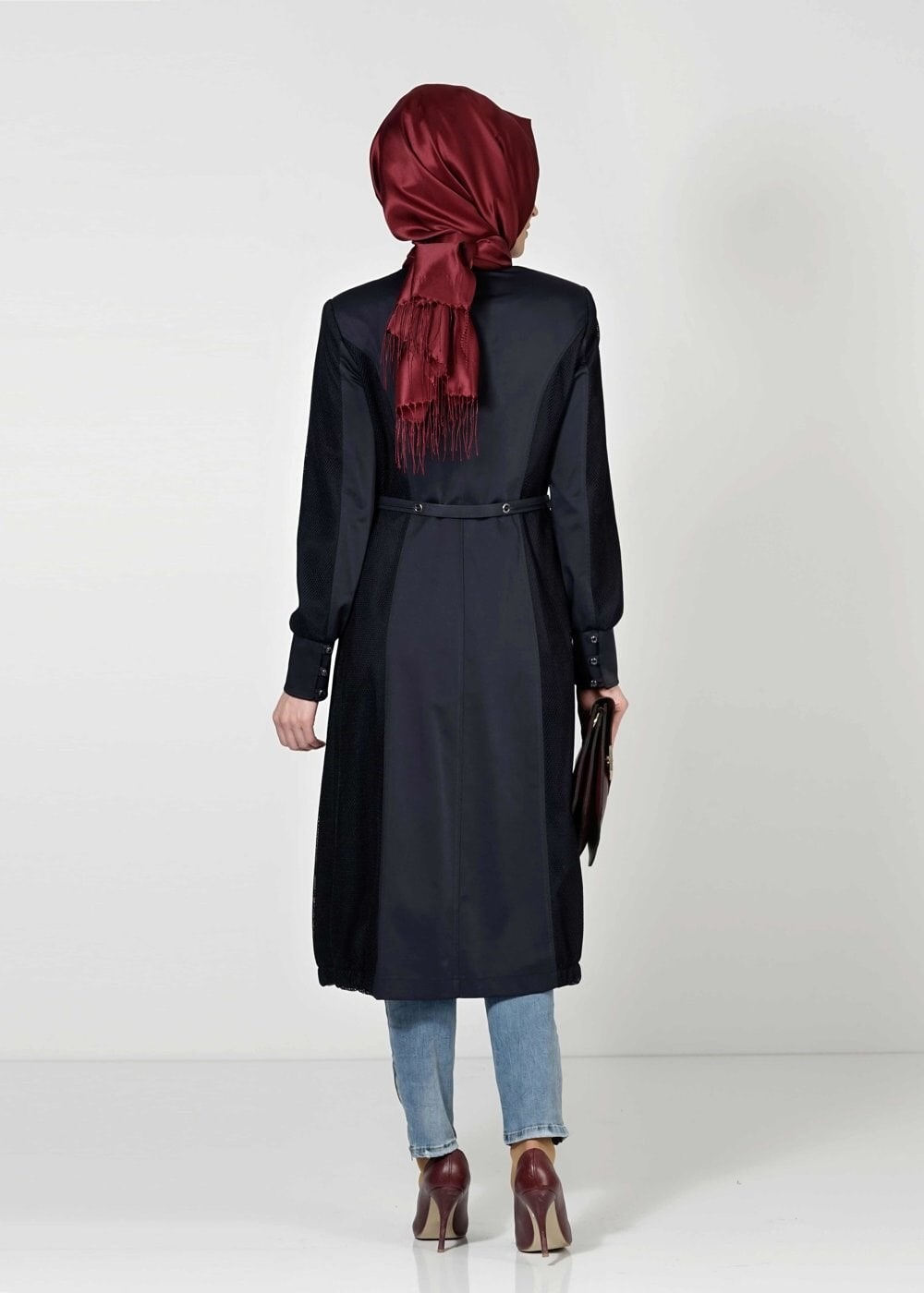 Tesettür giyim LACİVERT KEMERLİ DÜĞMELİ TRENÇKOT 1606 