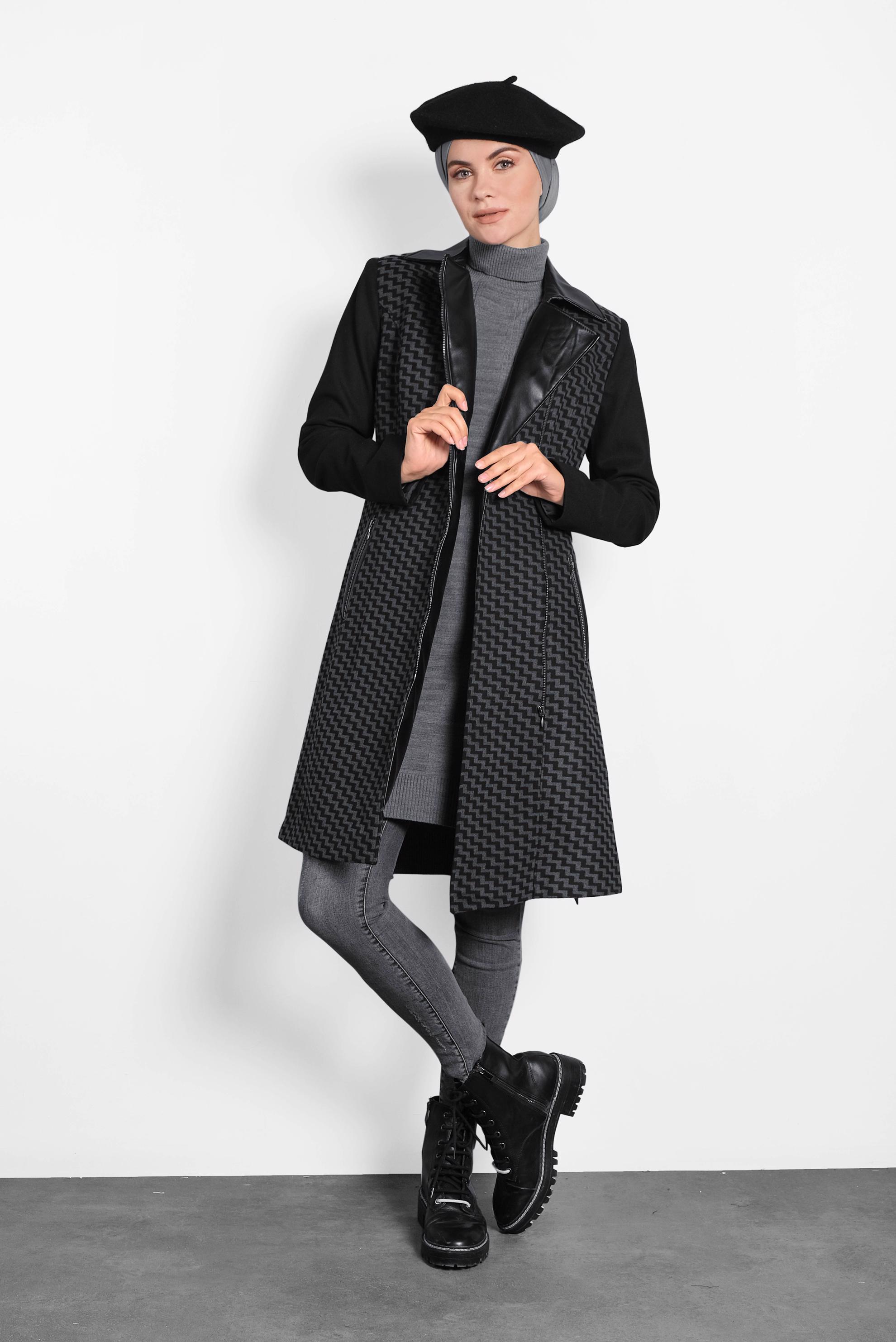 Tesettür giyim GRİ DERİ DETAYLI KABAN 1614