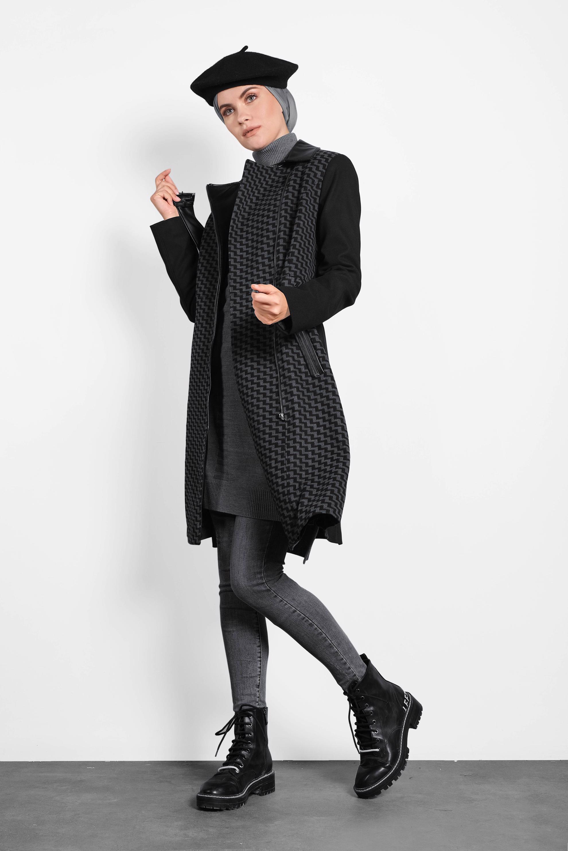 Tesettür giyim GRİ DERİ DETAYLI KABAN 1614