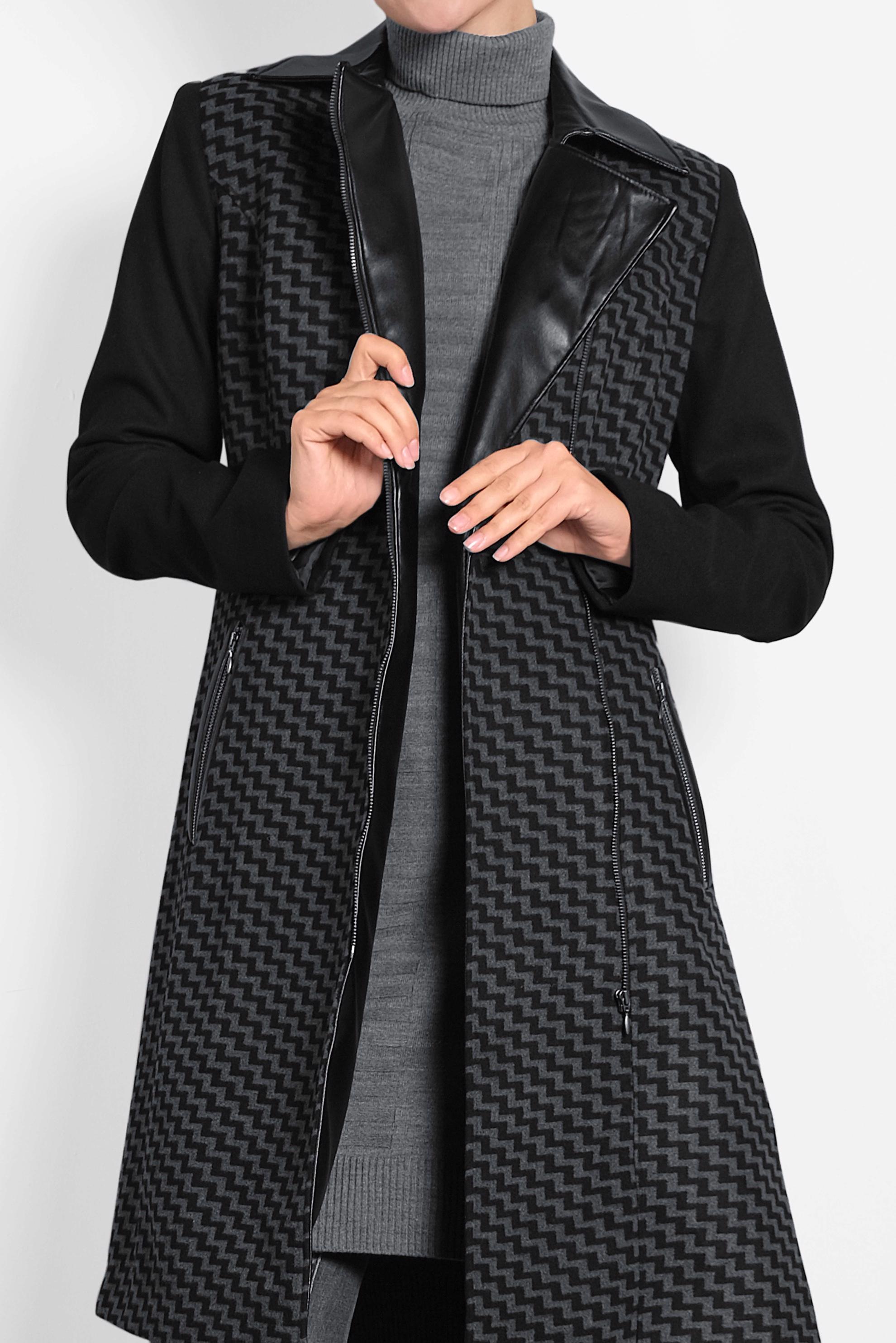 Tesettür giyim GRİ DERİ DETAYLI KABAN 1614