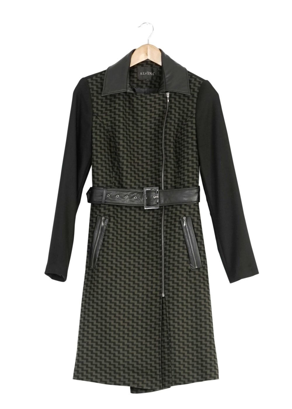 Tesettür giyim HAKİ DERİ DETAYLI KABAN 1614