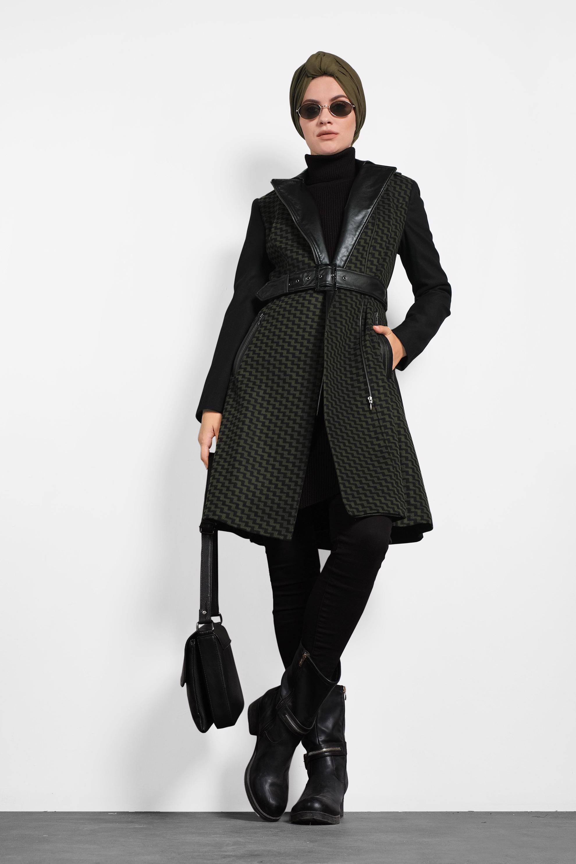 Tesettür giyim HAKİ DERİ DETAYLI KABAN 1614