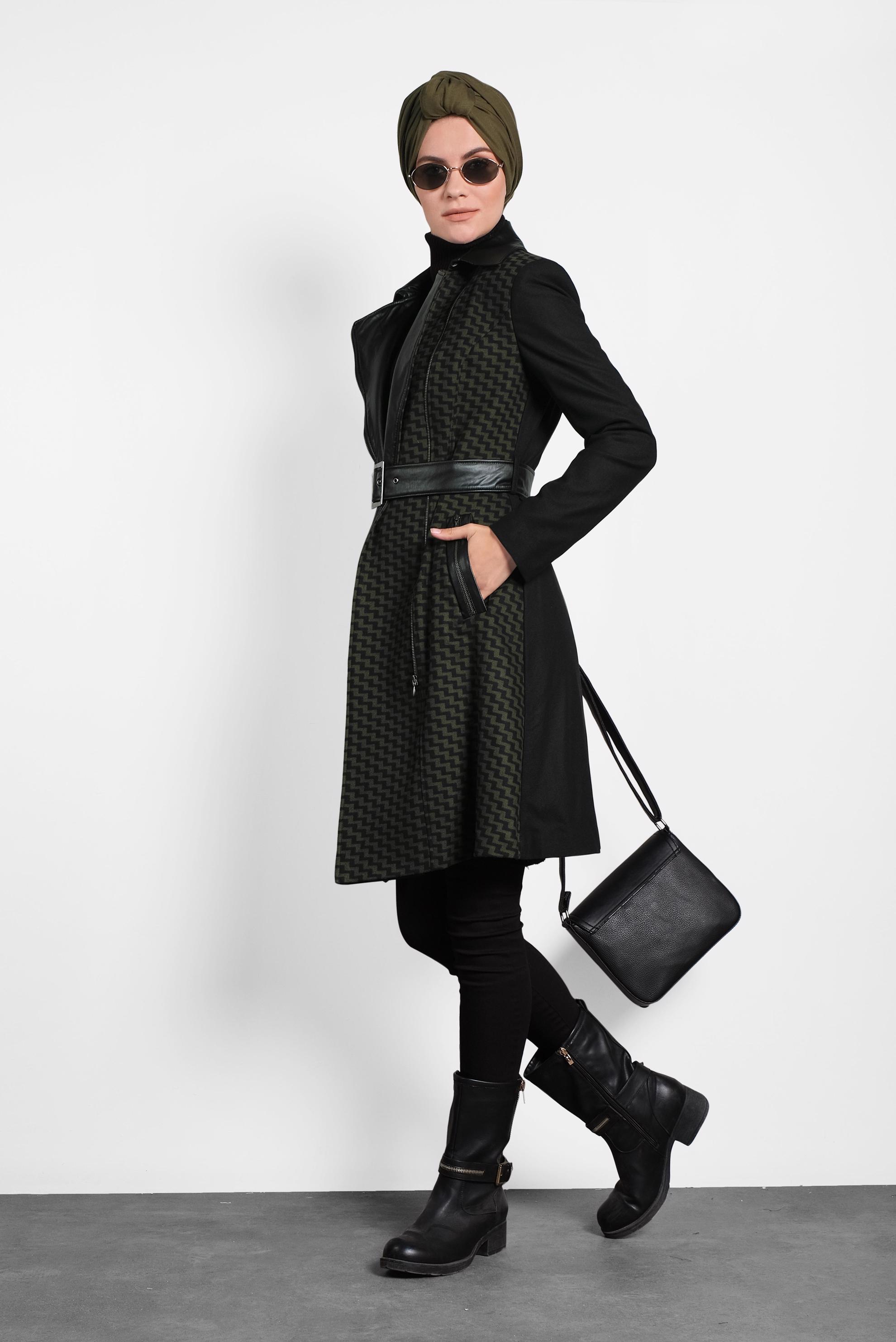 Tesettür giyim HAKİ DERİ DETAYLI KABAN 1614