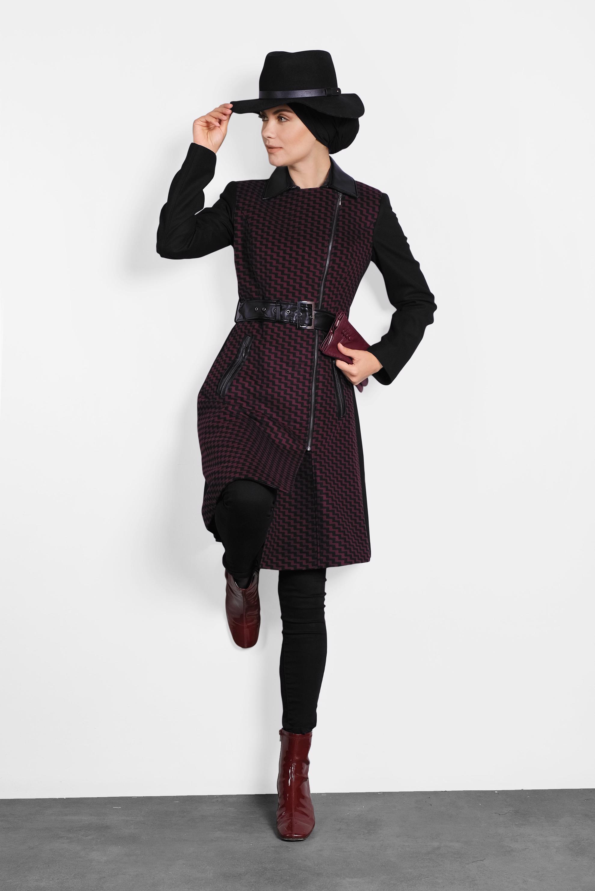 Tesettür giyim MÜRDÜM DERİ DETAYLI KABAN 1614