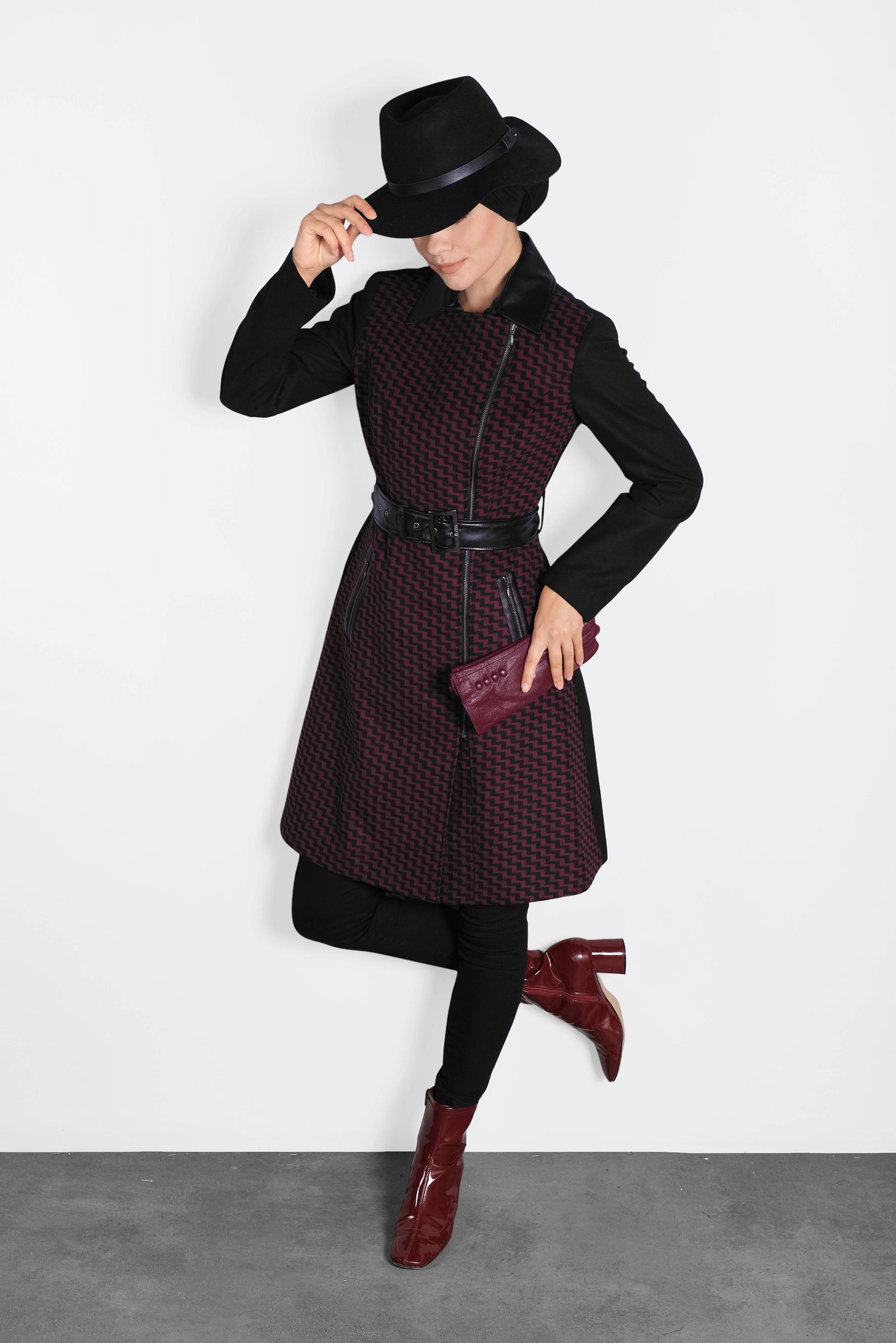 Tesettür giyim MÜRDÜM DERİ DETAYLI KABAN 1614