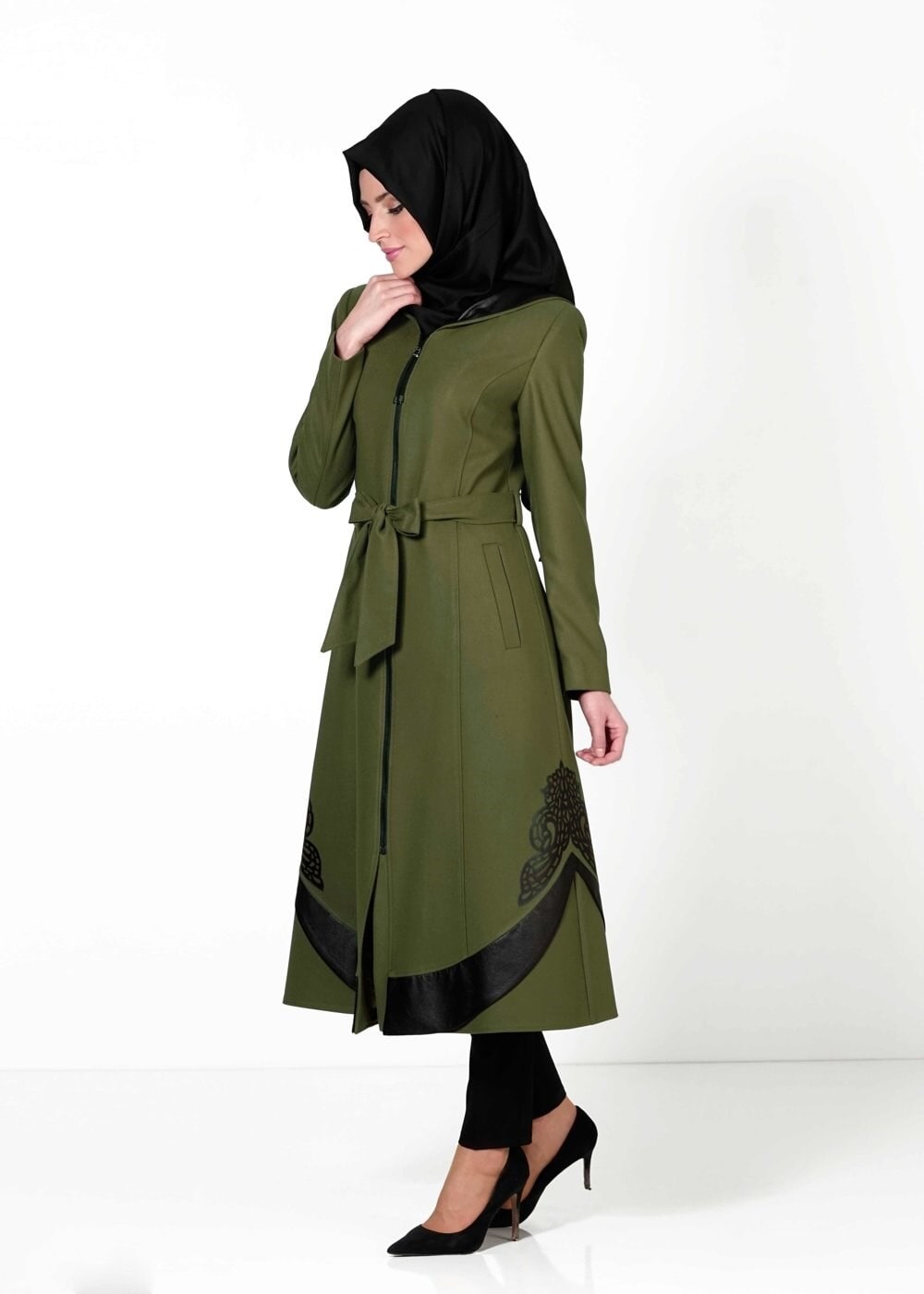 Tesettür giyim HAKİ 1616 Orka Tesettür Trench