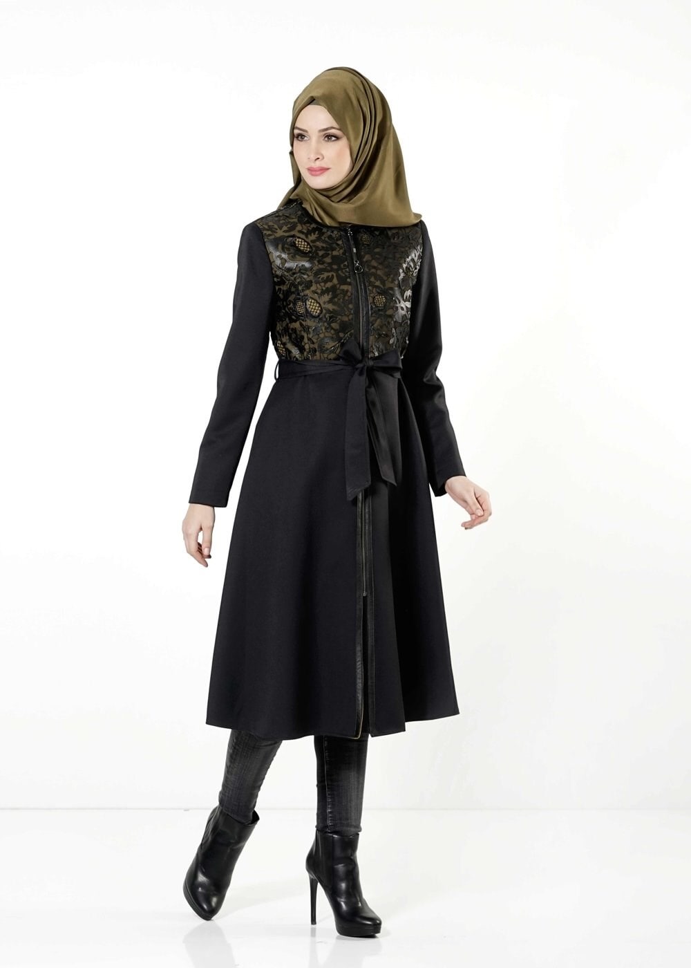 Tesettür giyim SİYAH FERMUARLI GÜPÜR DETAYLI TRENÇKOT 1617 