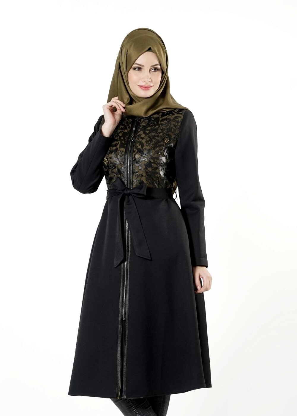 Tesettür giyim SİYAH FERMUARLI GÜPÜR DETAYLI TRENÇKOT 1617 