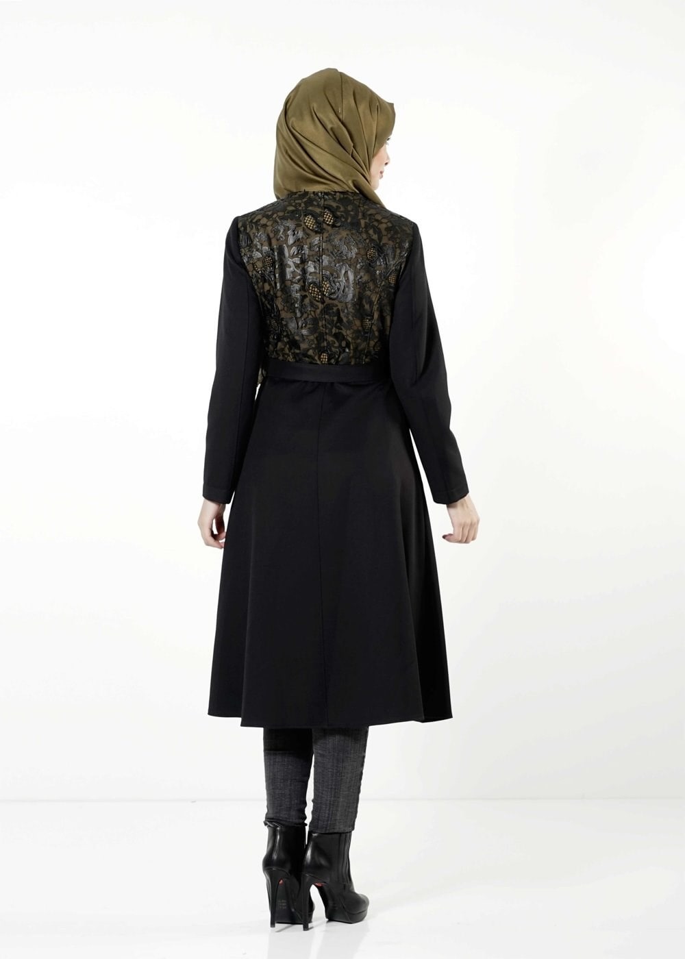 Tesettür giyim SİYAH FERMUARLI GÜPÜR DETAYLI TRENÇKOT 1617 