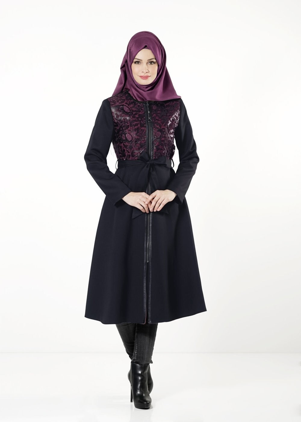 Hijab clothing NAVY BLUE ZIPPED GUIPURED TRENCH-COAT 1617 