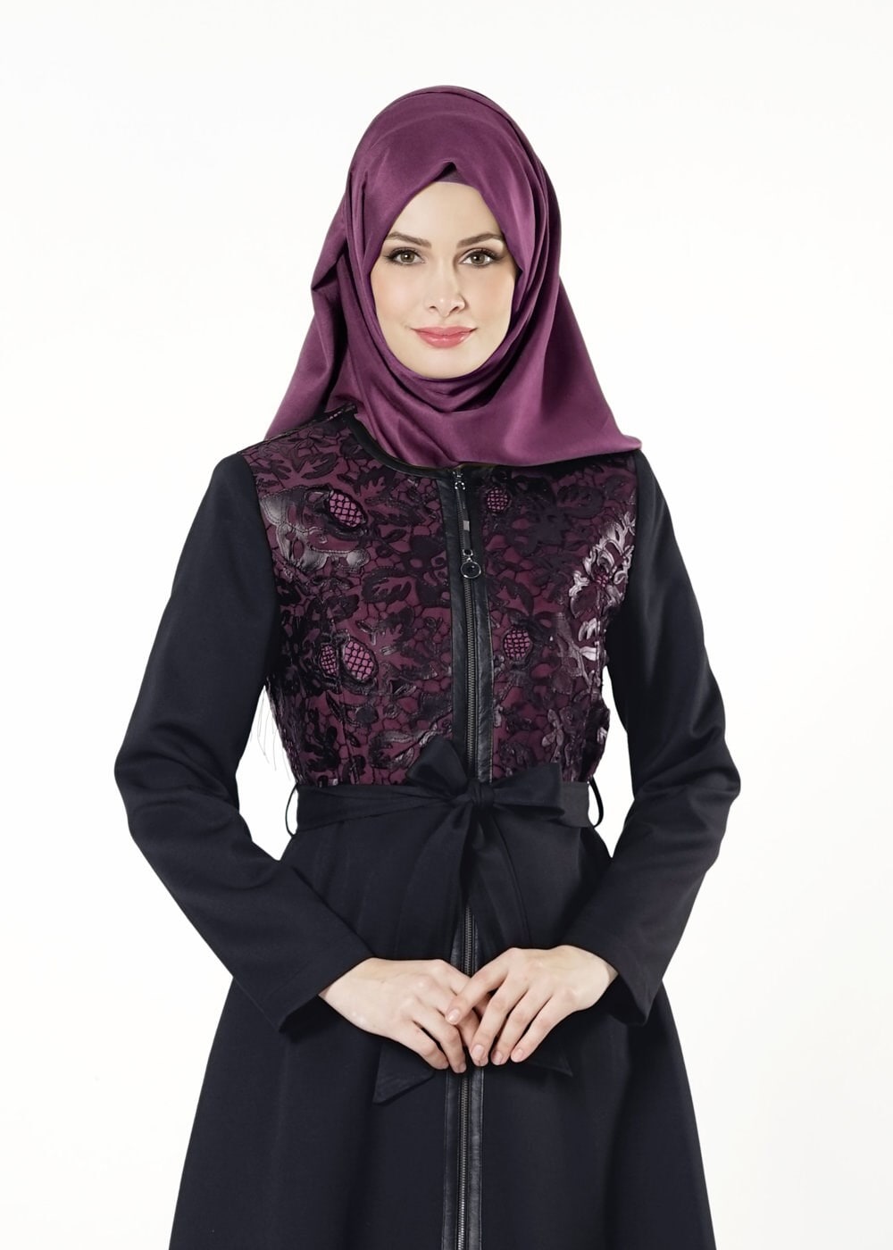 Hijab clothing NAVY BLUE ZIPPED GUIPURED TRENCH-COAT 1617 