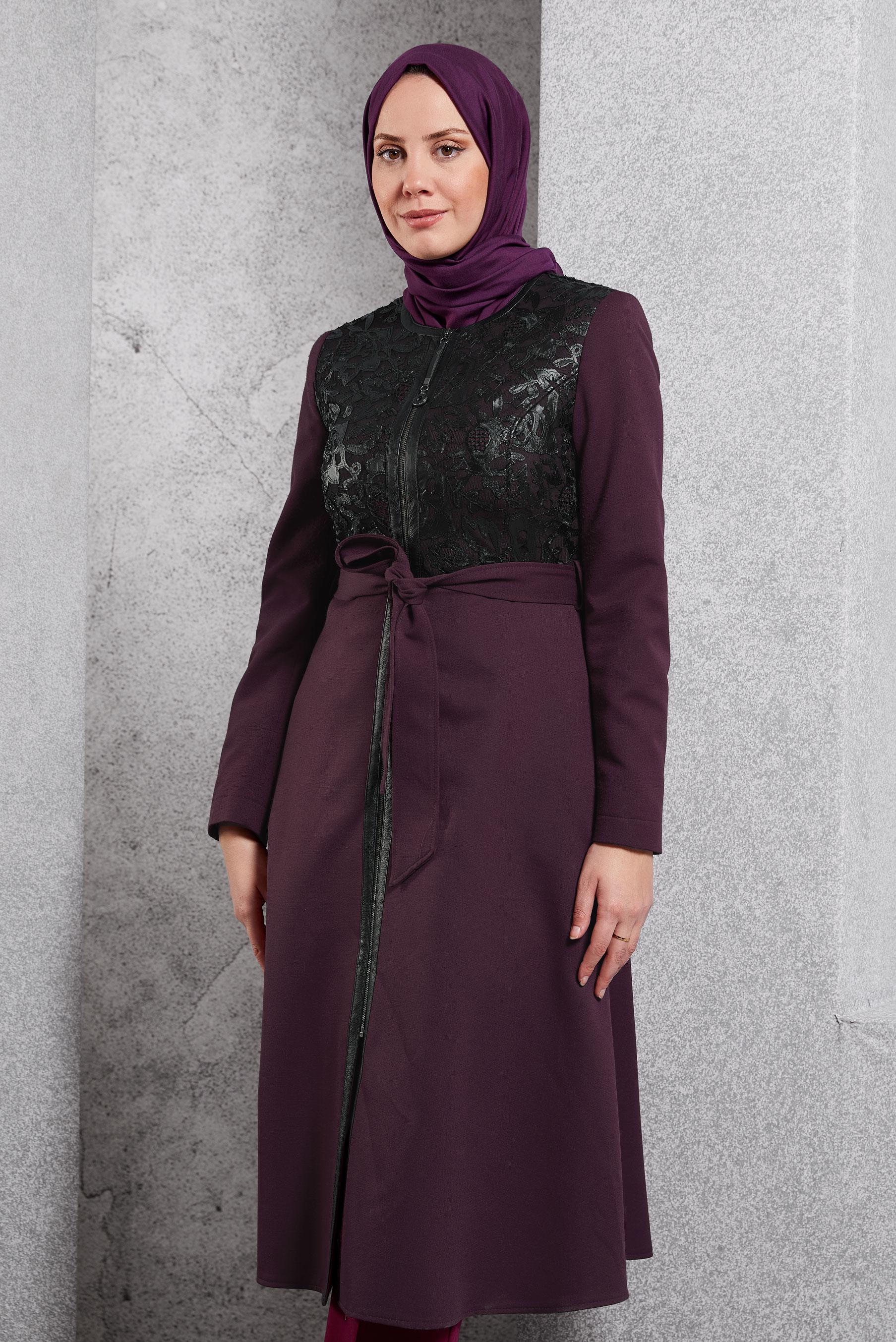 Tesettür giyim MÜRDÜM FERMUARLI GÜPÜR DETAYLI TRENÇKOT 1617 