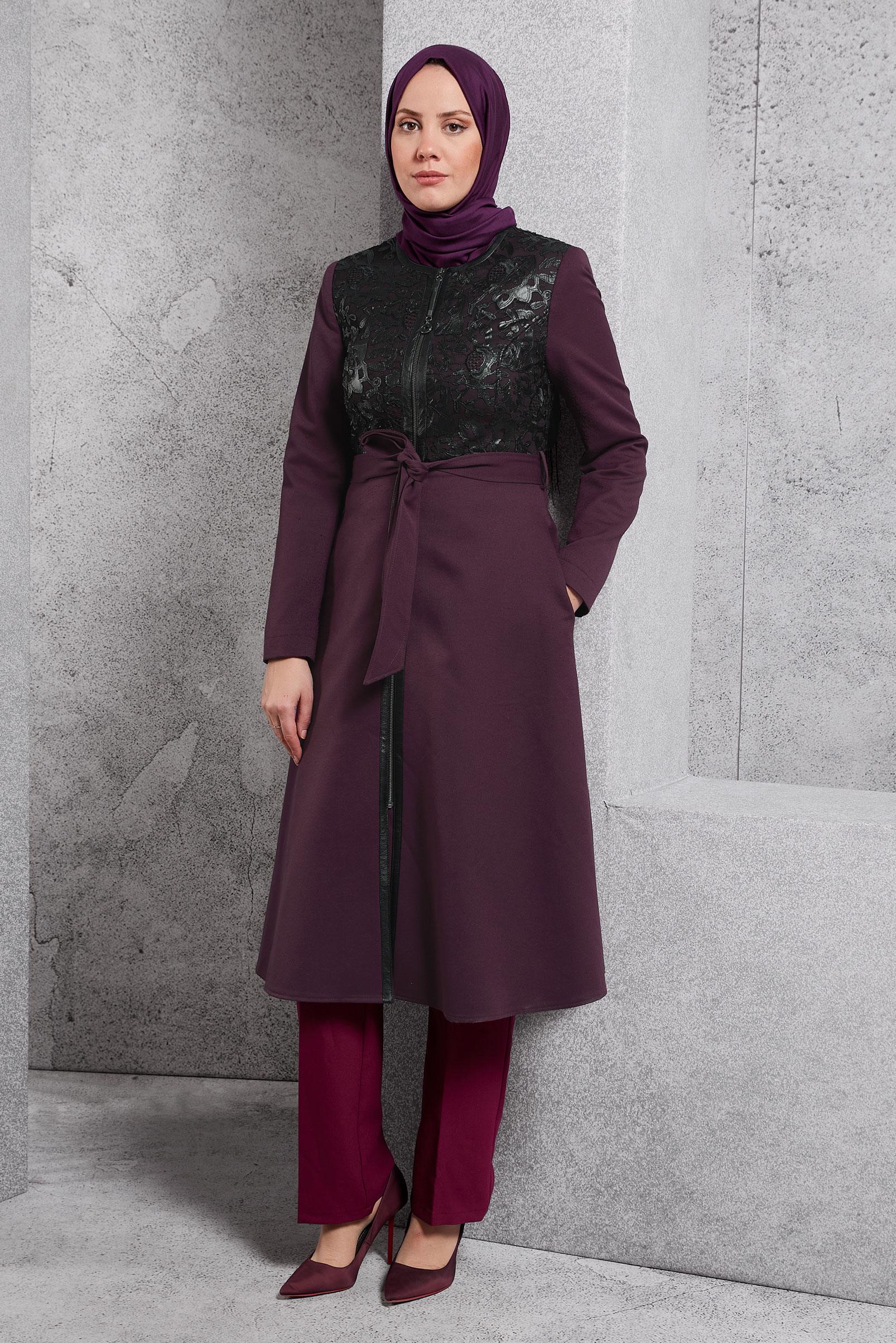 Tesettür giyim MÜRDÜM FERMUARLI GÜPÜR DETAYLI TRENÇKOT 1617 
