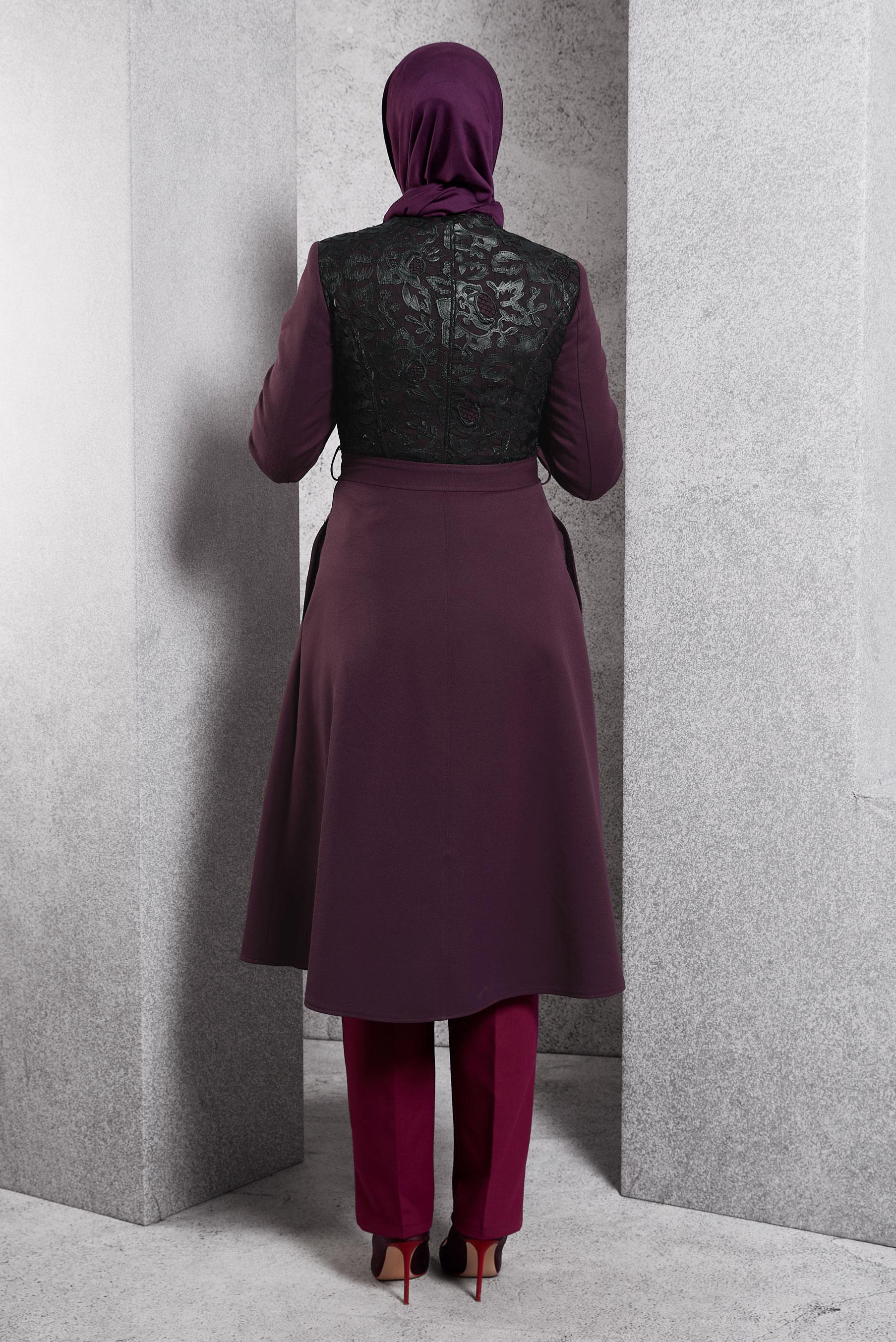 Tesettür giyim MÜRDÜM FERMUARLI GÜPÜR DETAYLI TRENÇKOT 1617 