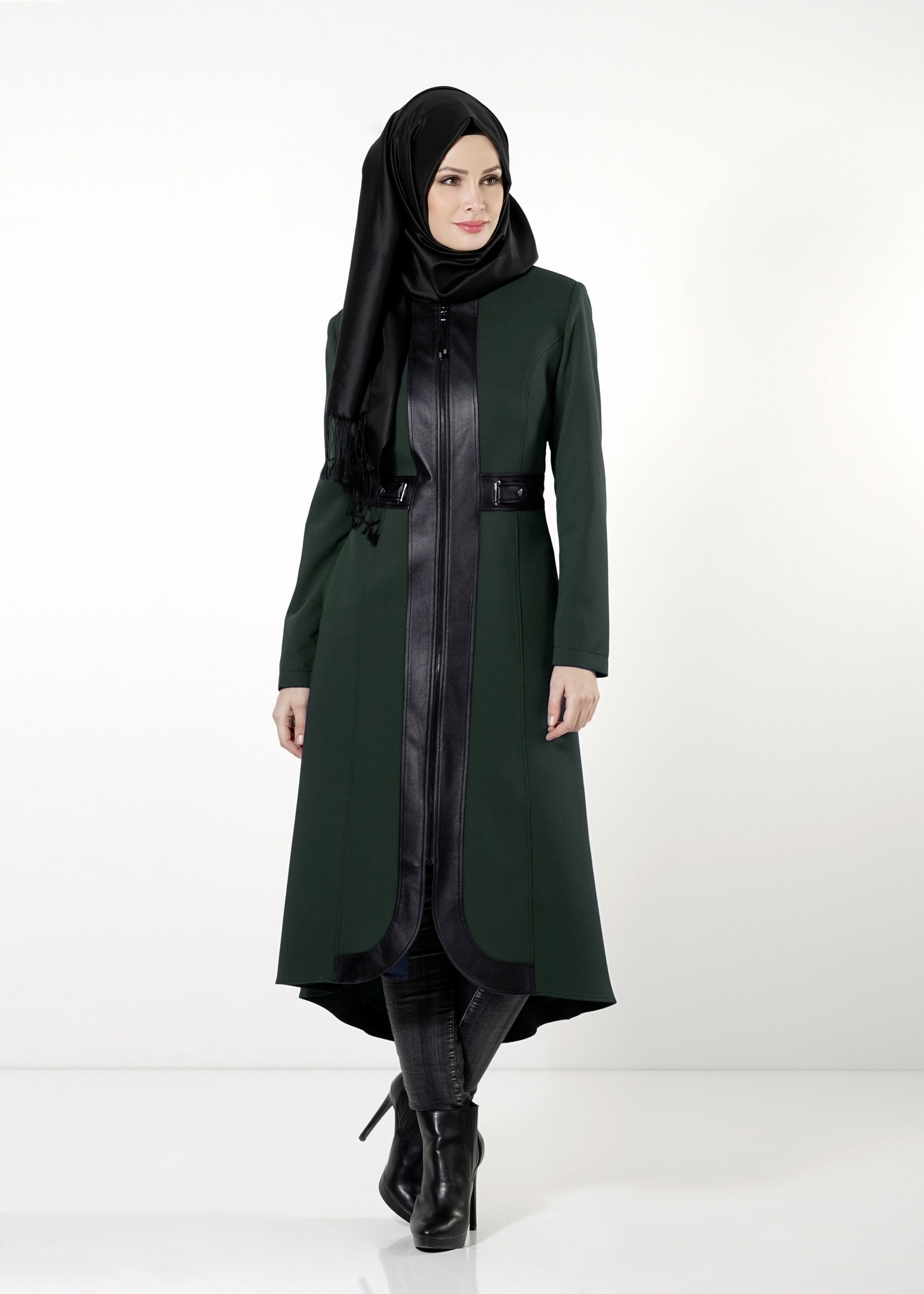 Tesettür giyim YEŞİL DERİ DETAYLI FERMUARLI TRENÇKOT 1621 