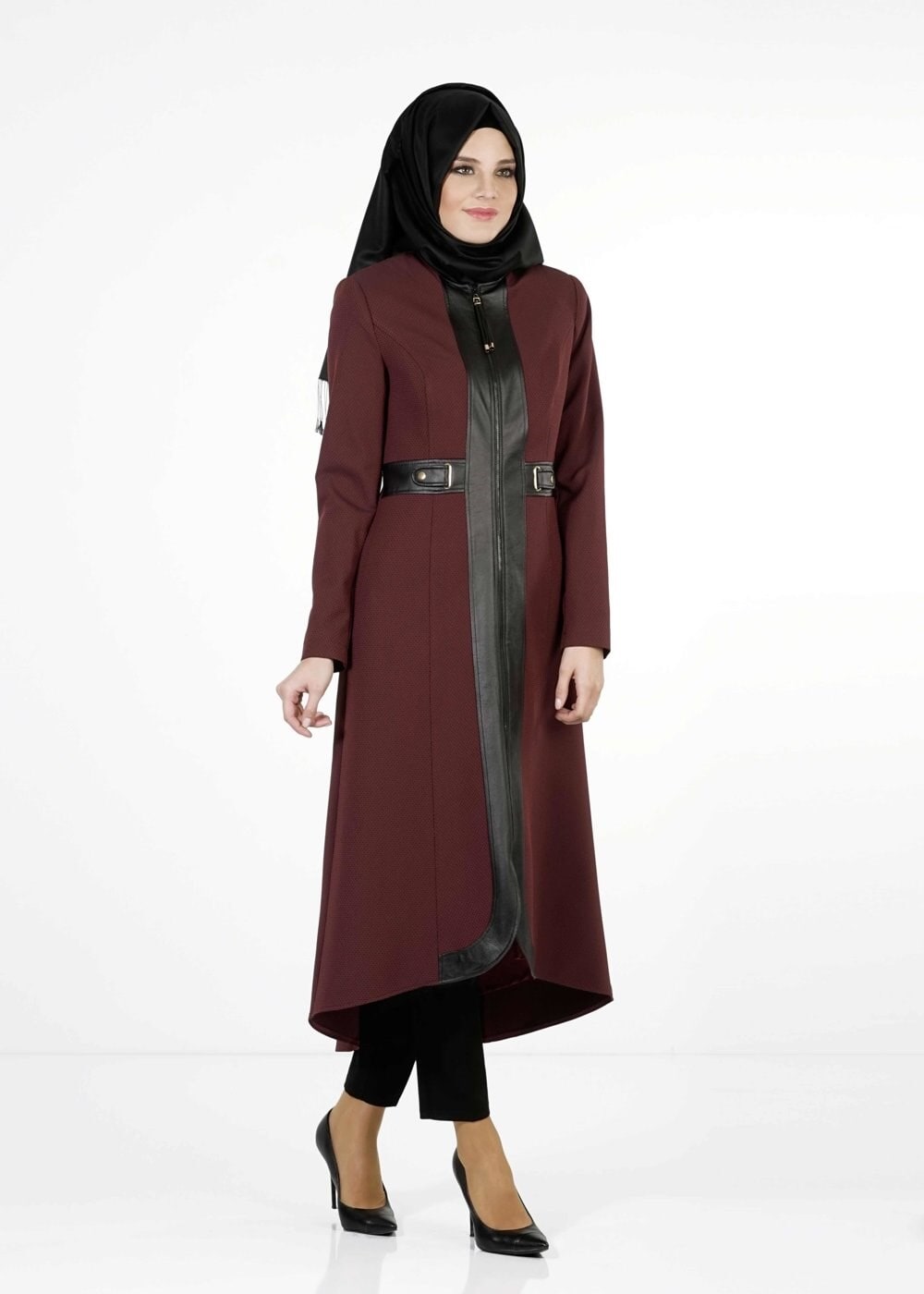 Tesettür giyim BORDO DERİ DETAYLI FERMUARLI TRENÇKOT 1621 