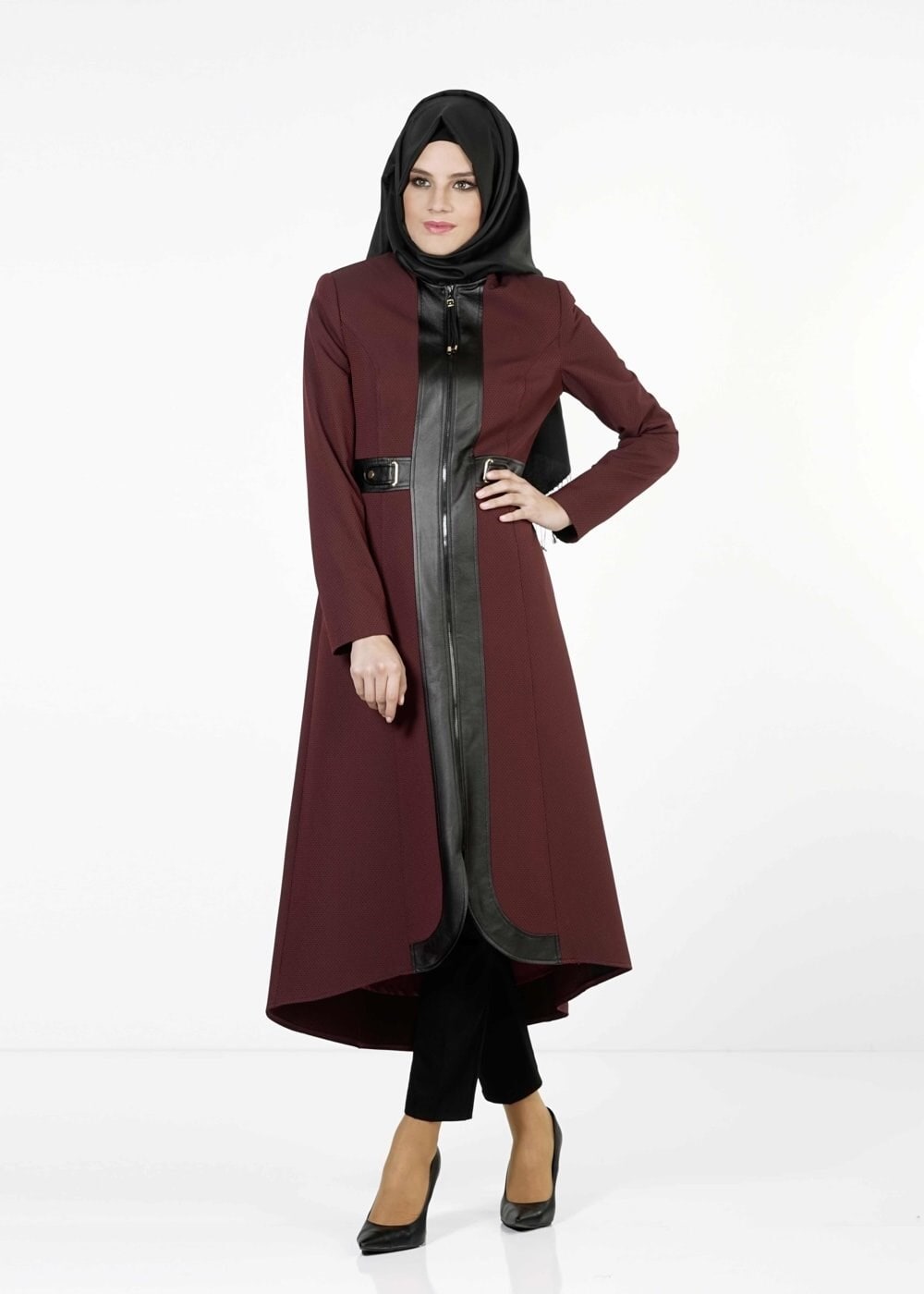 Tesettür giyim BORDO DERİ DETAYLI FERMUARLI TRENÇKOT 1621 