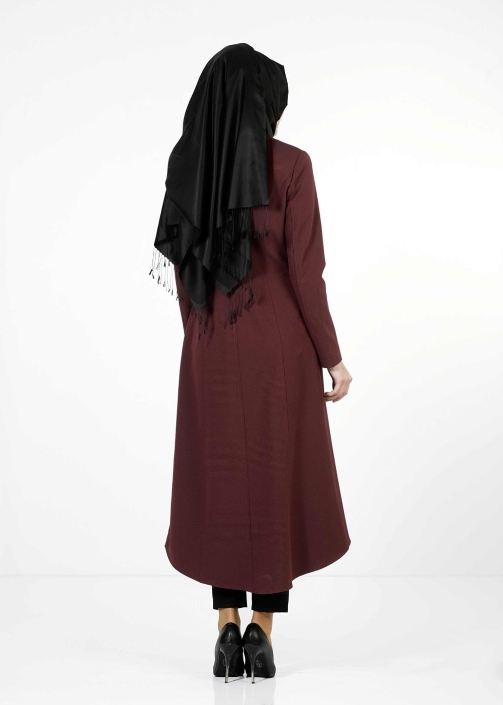 Tesettür giyim BORDO DERİ DETAYLI FERMUARLI TRENÇKOT 1621 