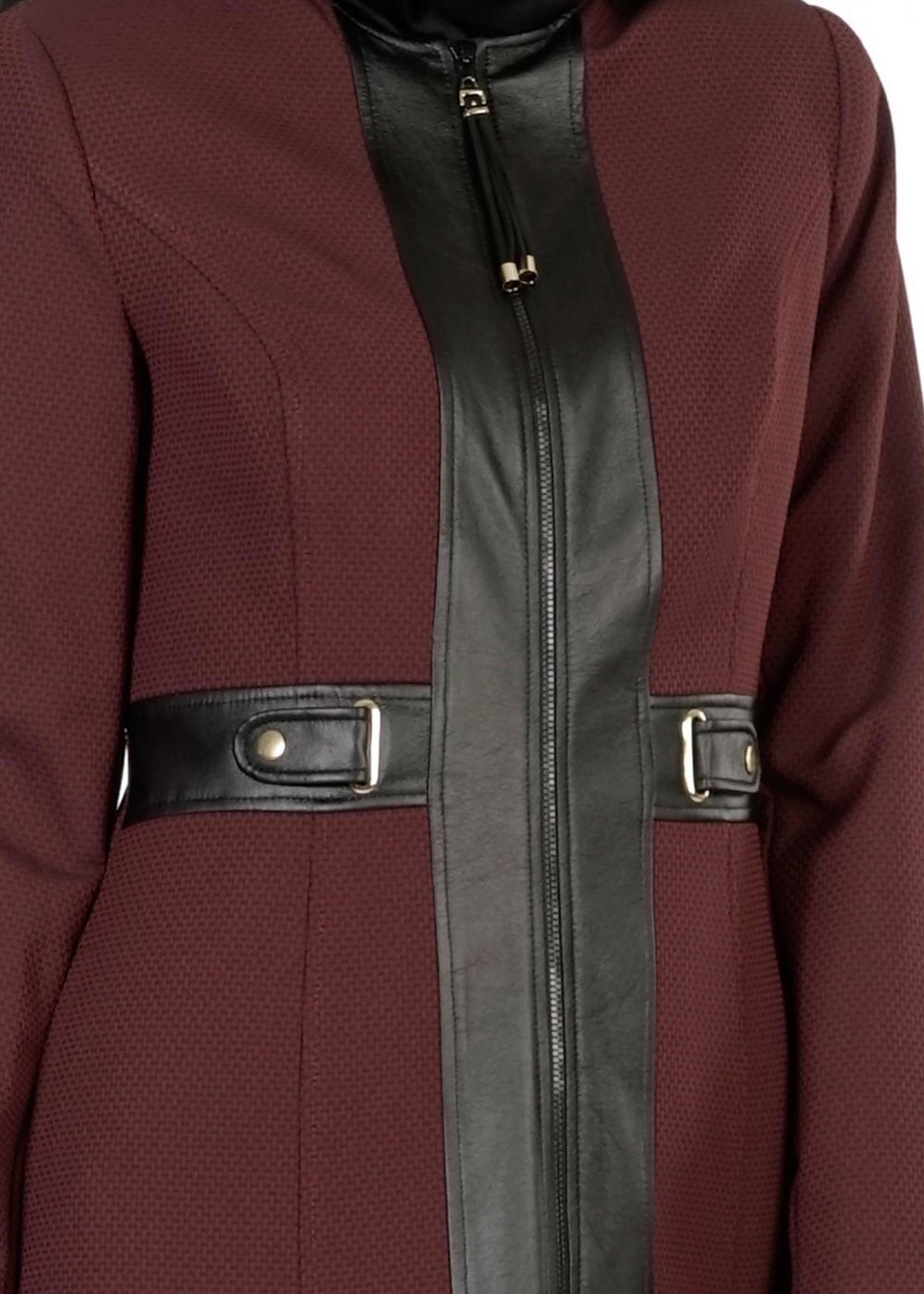 Tesettür giyim BORDO DERİ DETAYLI FERMUARLI TRENÇKOT 1621 