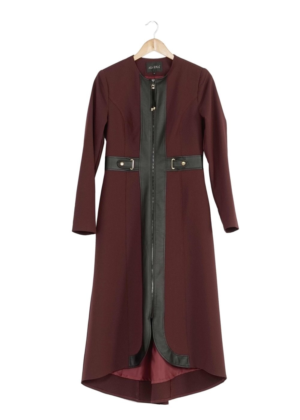 Tesettür giyim BORDO DERİ DETAYLI FERMUARLI TRENÇKOT 1621 