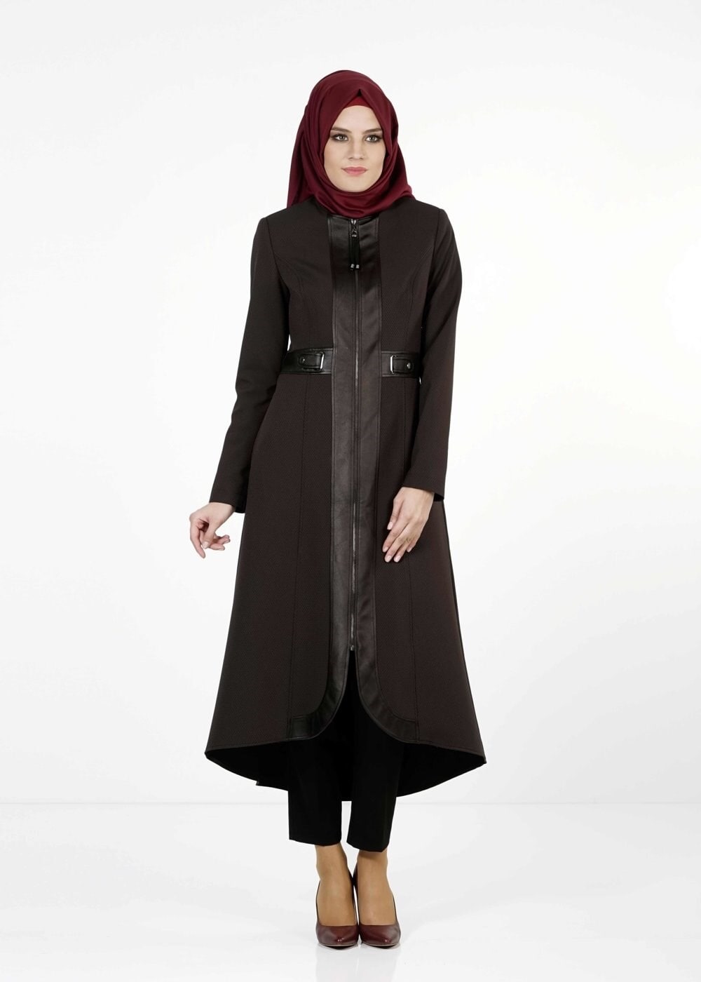 Tesettür giyim KAHVE DERİ DETAYLI FERMUARLI TRENÇKOT 1621 