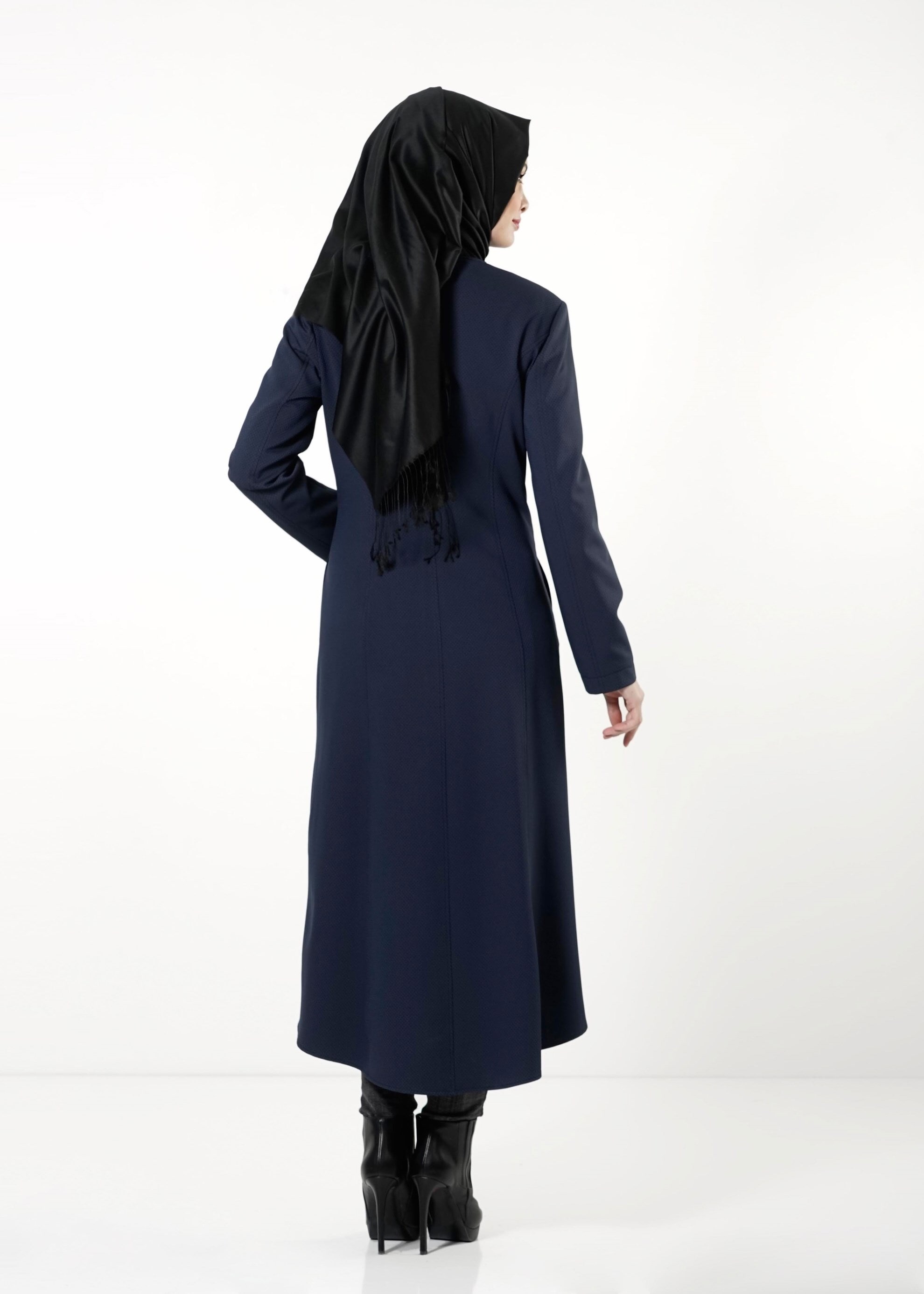 Tesettür giyim LACİVERT DERİ DETAYLI FERMUARLI TRENÇKOT 1621 
