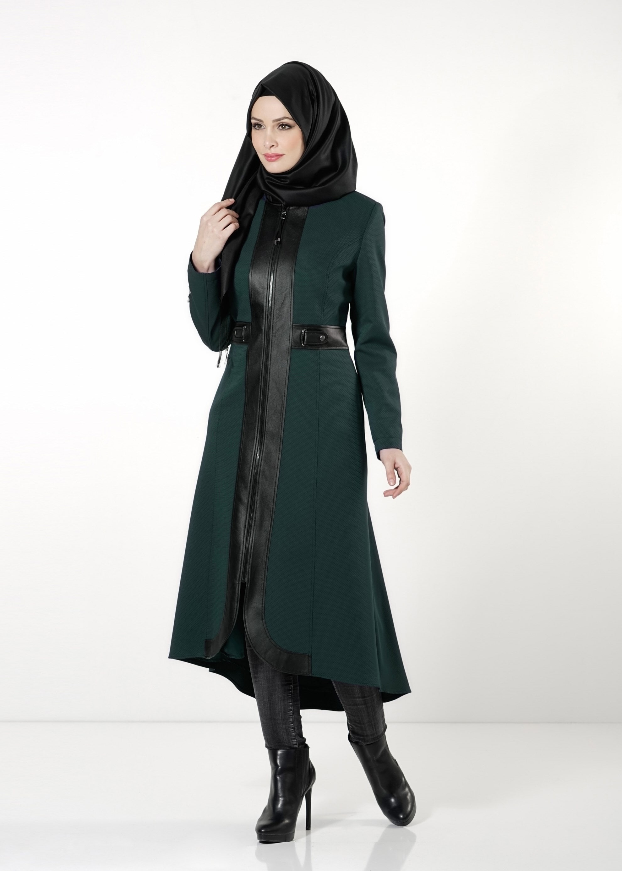 Tesettür giyim YEŞİL DERİ DETAYLI FERMUARLI TRENÇKOT 1621 