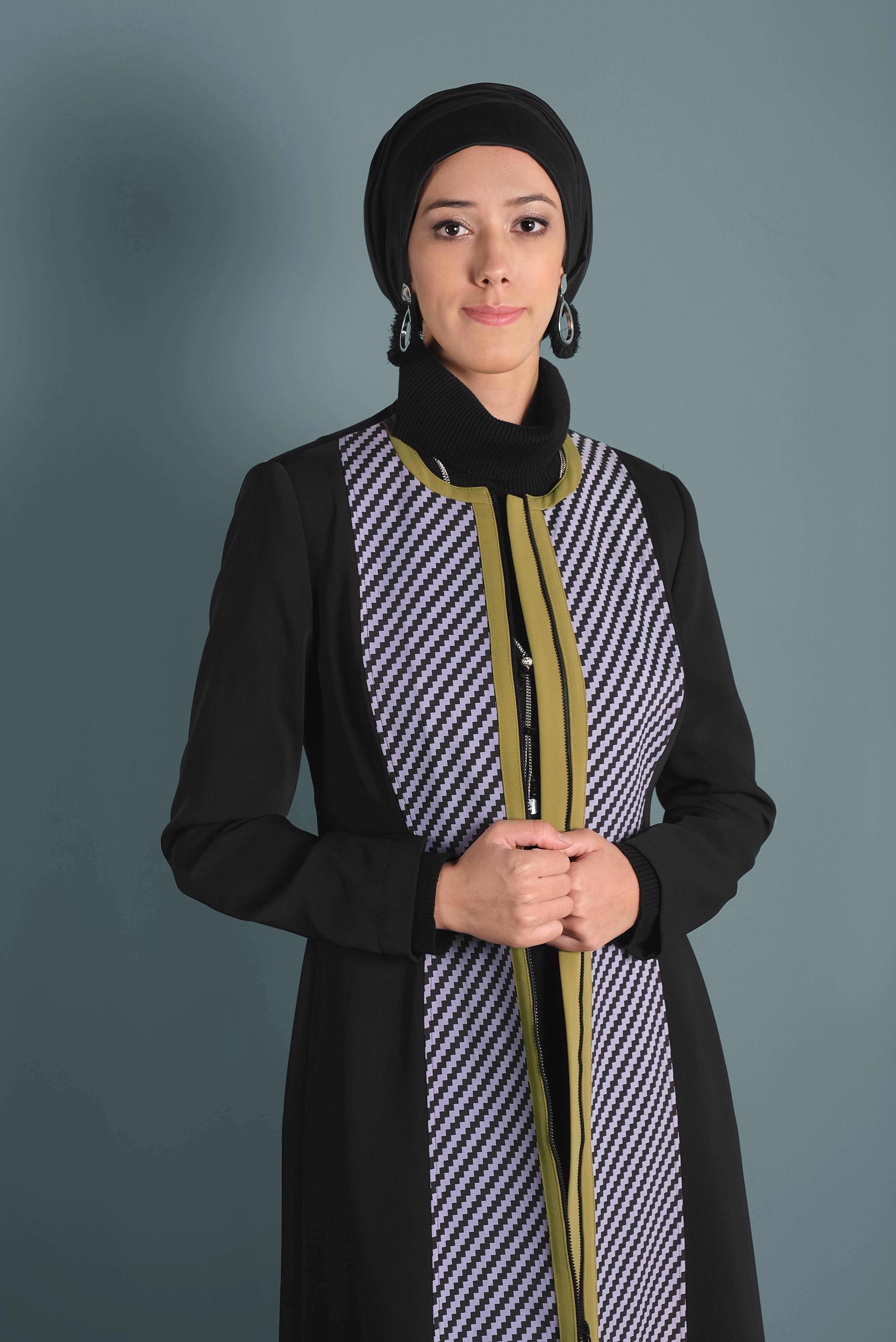 Tesettür giyim SİYAH FERMUARLI DESENLİ TRENÇKOT 1624