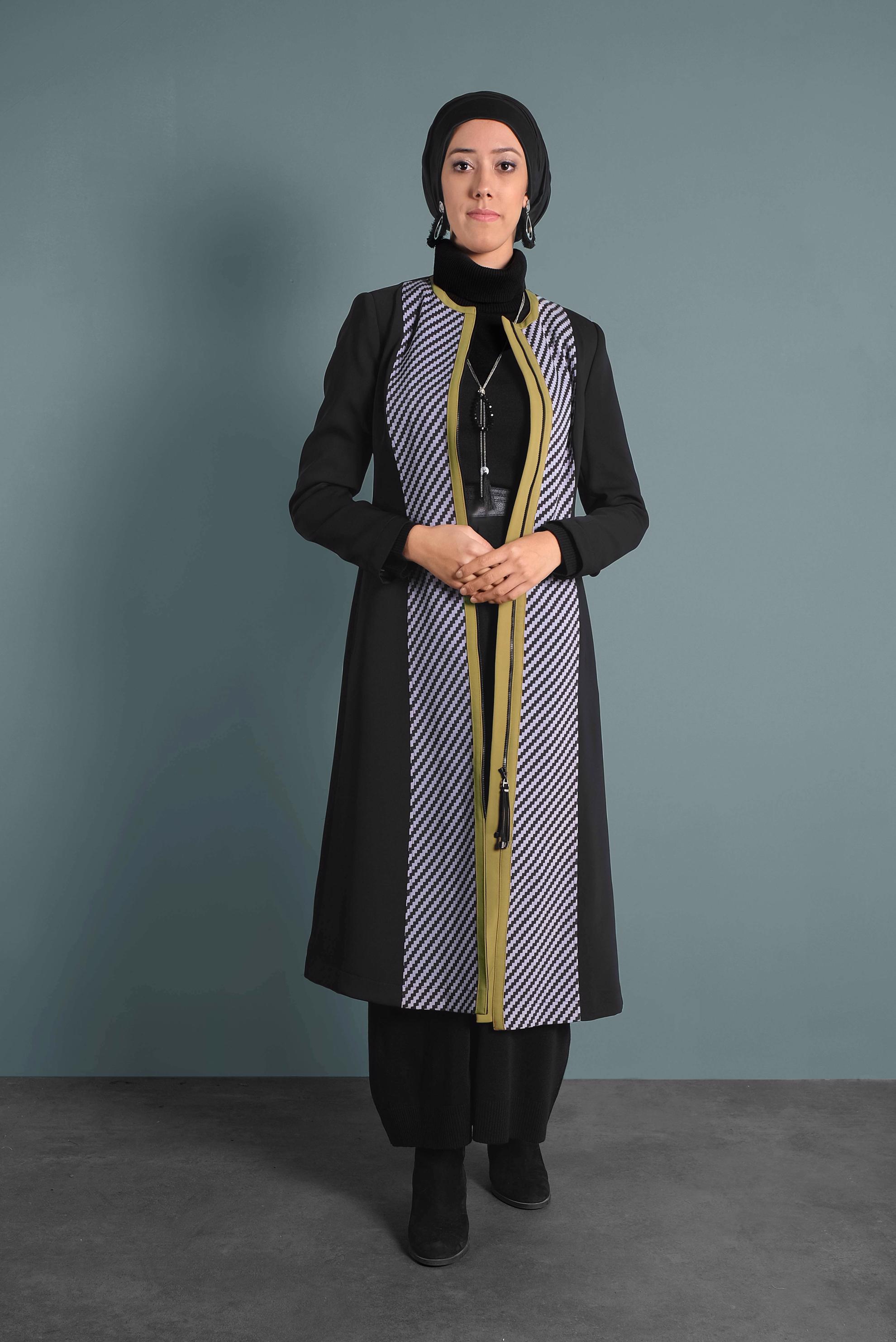 Tesettür giyim SİYAH FERMUARLI DESENLİ TRENÇKOT 1624