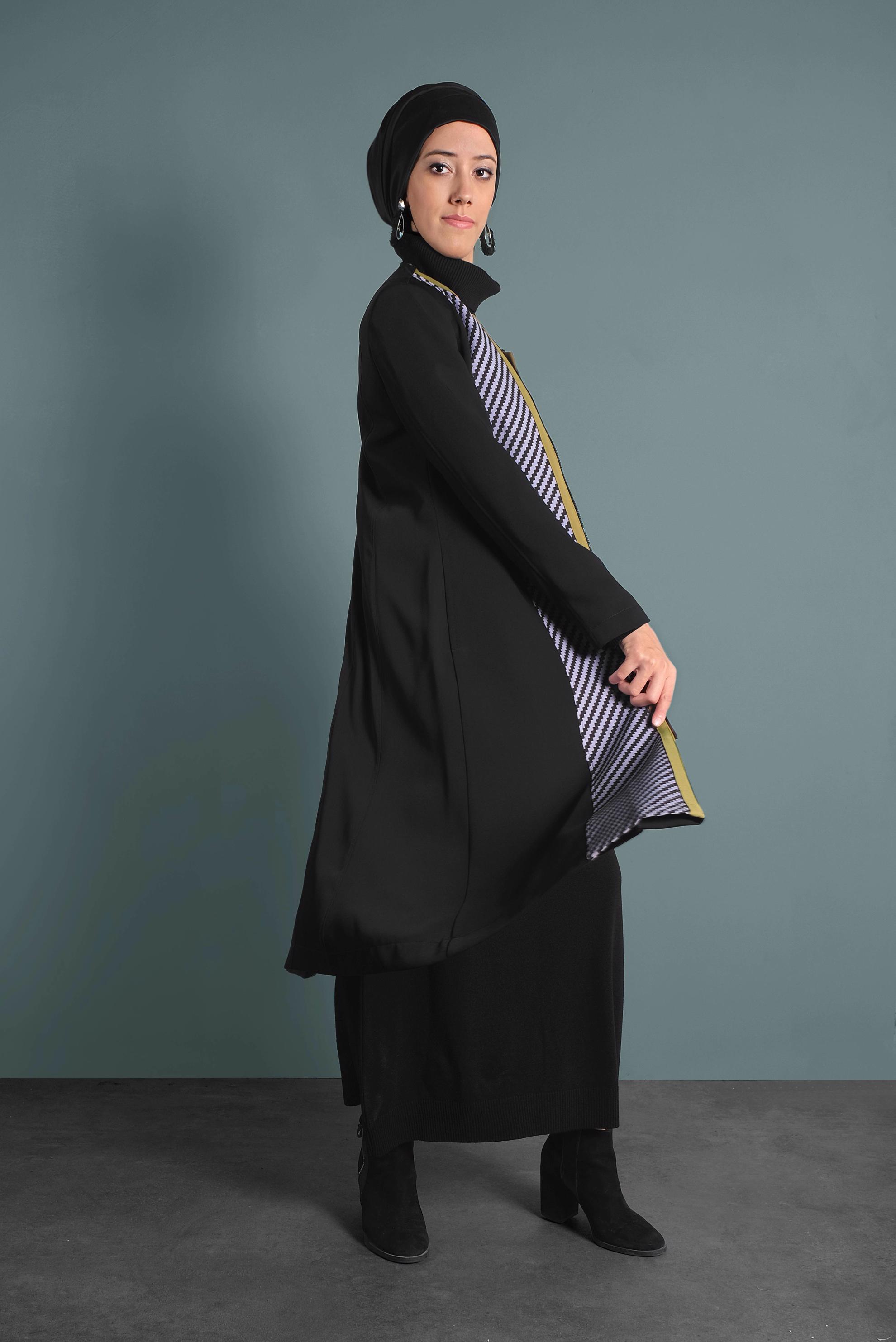 Tesettür giyim SİYAH FERMUARLI DESENLİ TRENÇKOT 1624