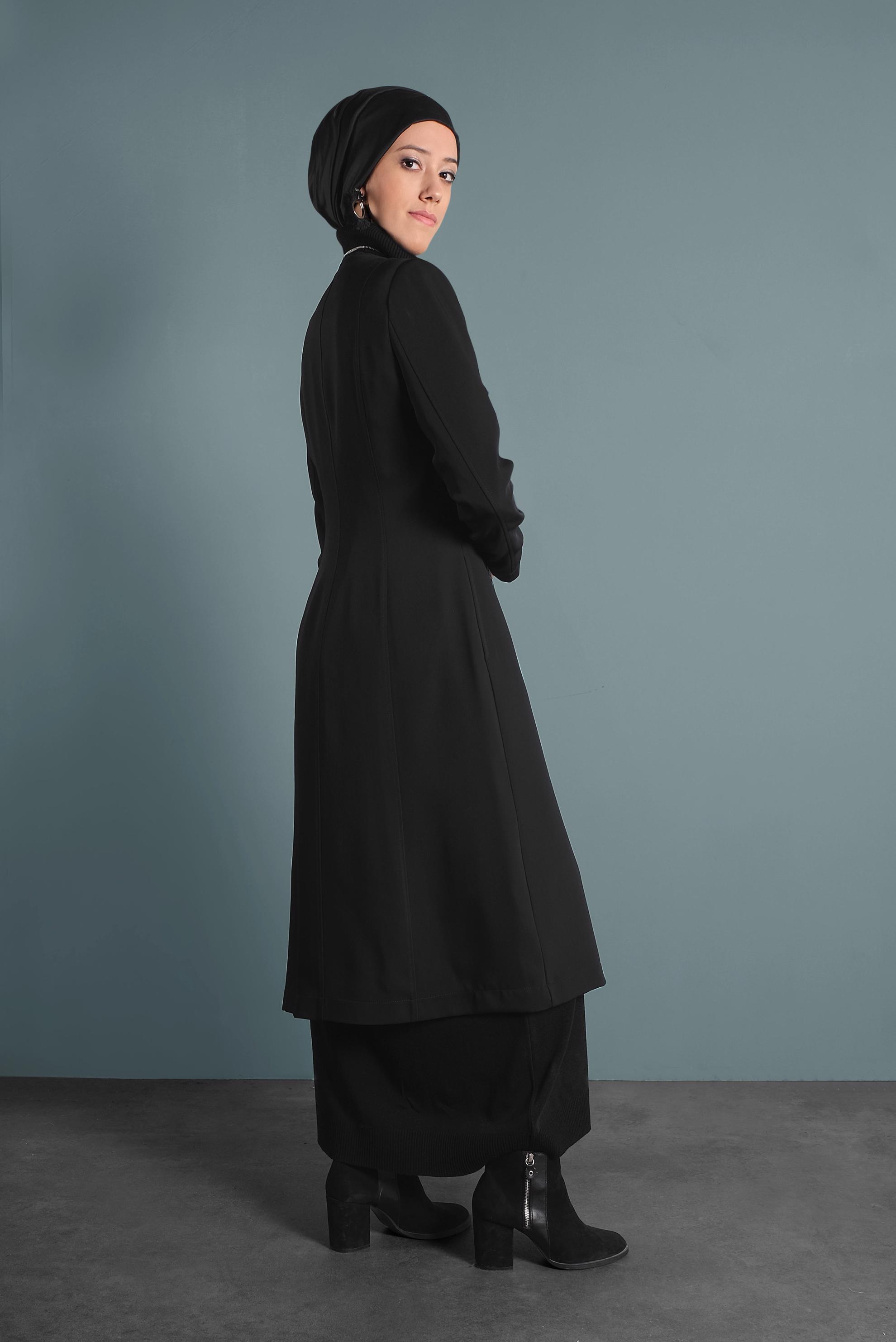 Tesettür giyim SİYAH FERMUARLI DESENLİ TRENÇKOT 1624