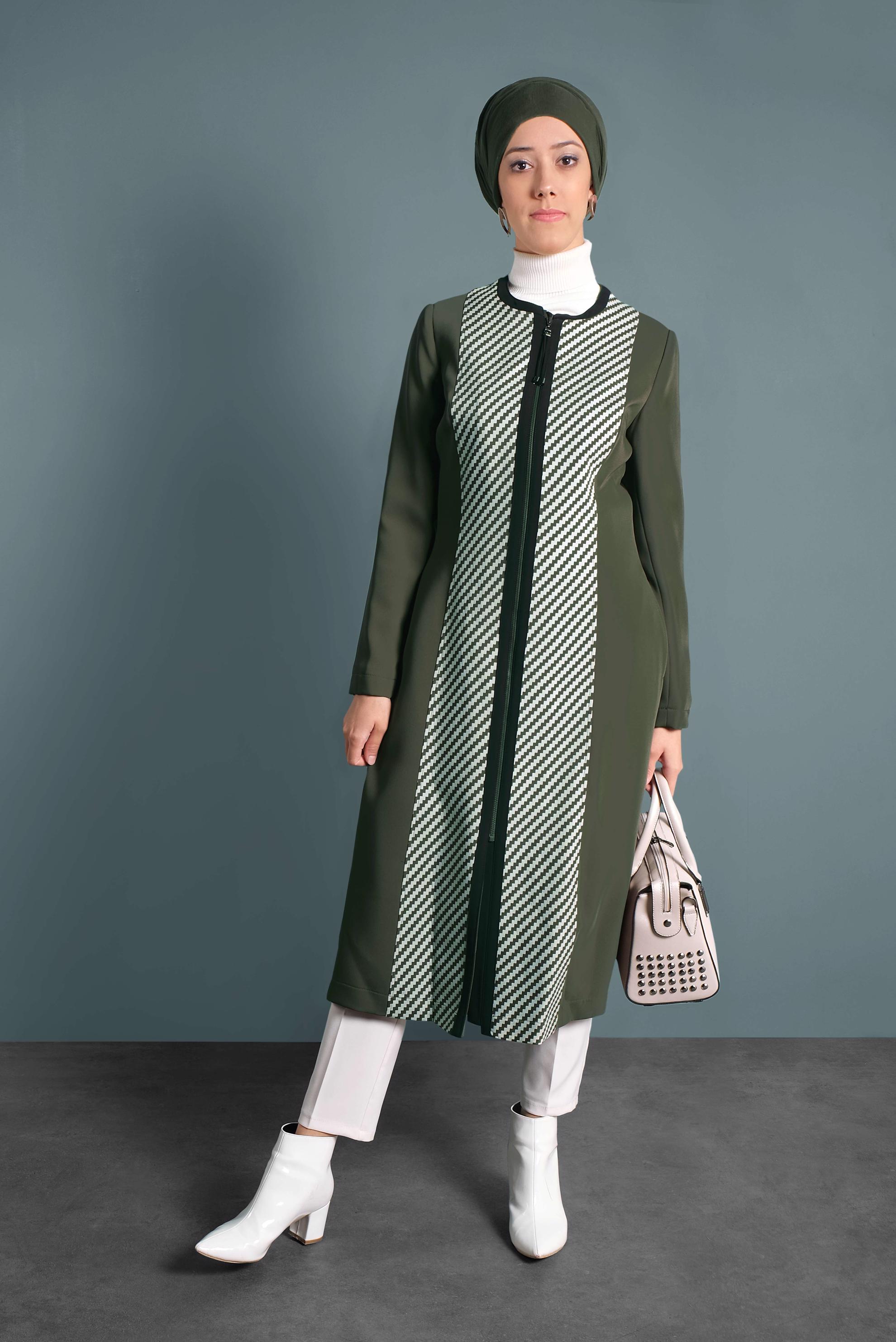 Tesettür giyim HAKİ FERMUARLI DESENLİ TRENÇKOT 1624