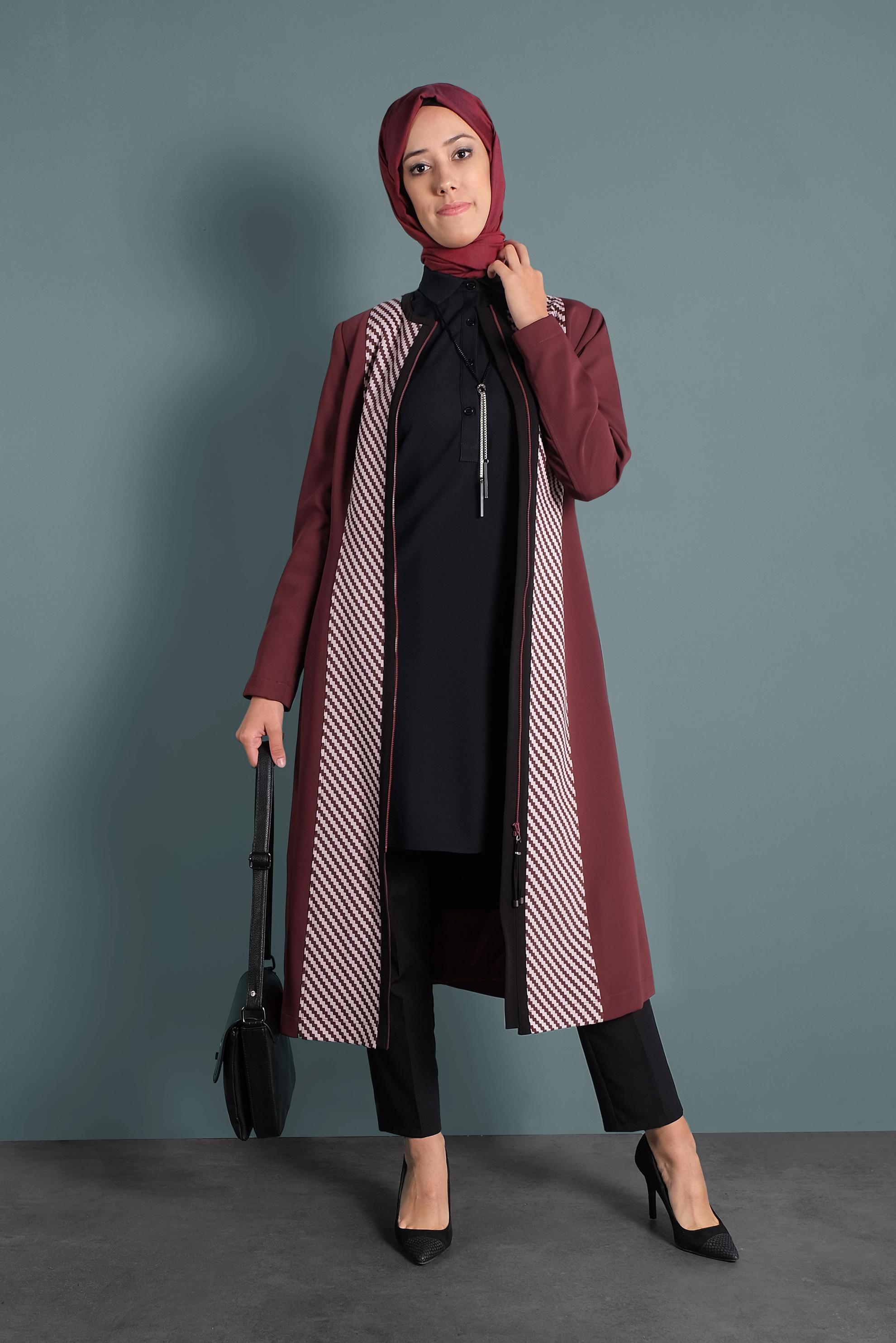 Hijab clothing CLARET RED ZIPPED TRENCH-COAT 1624 