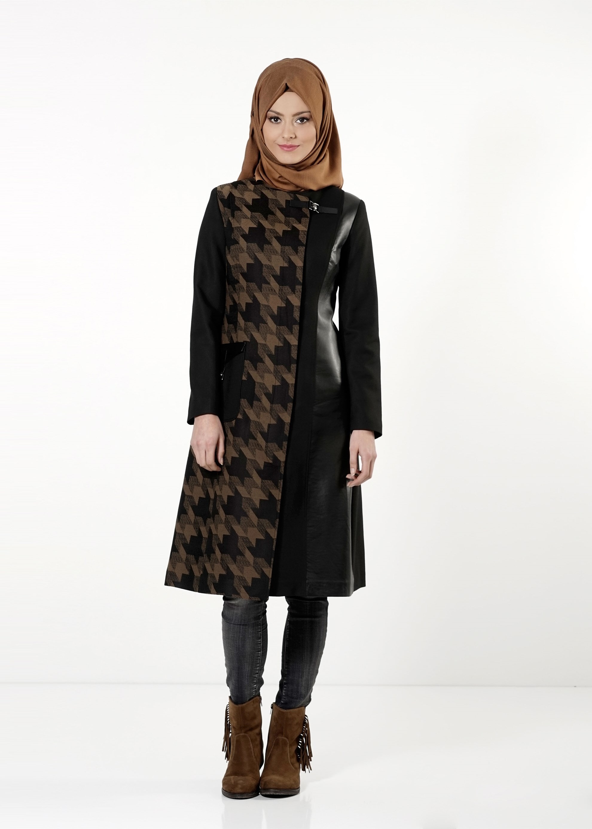 Tesettür giyim KAHVE KAZAYAĞI DETAYLI TRENÇKOT 1632 