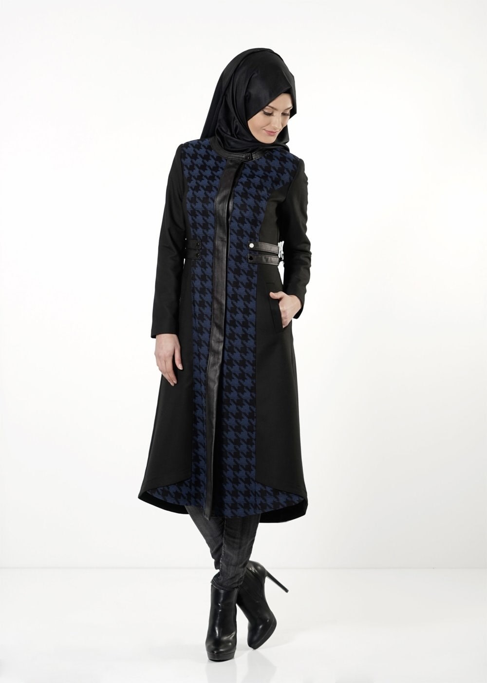 Tesettür giyim SİYAH KAZAYAĞI DESEN TRENÇKOT 1634 