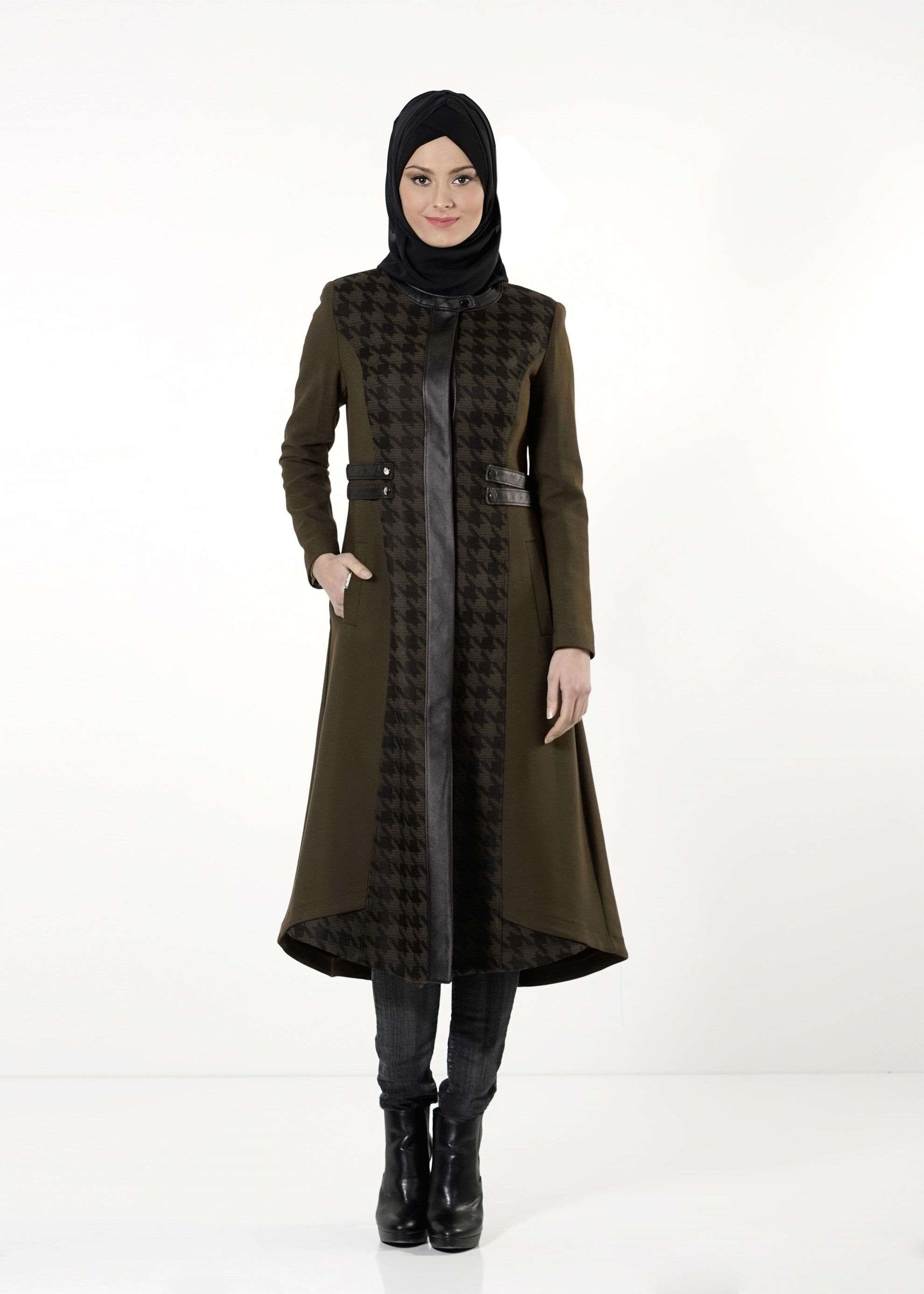 Tesettür giyim HAKİ KAZAYAĞI DESEN TRENÇKOT 1634 