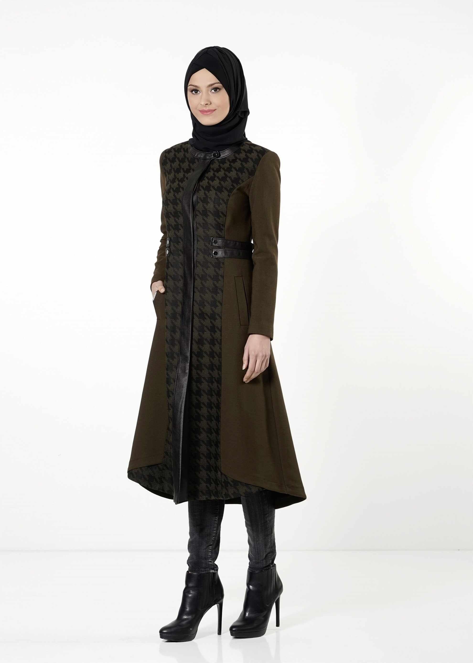 Tesettür giyim HAKİ KAZAYAĞI DESEN TRENÇKOT 1634 