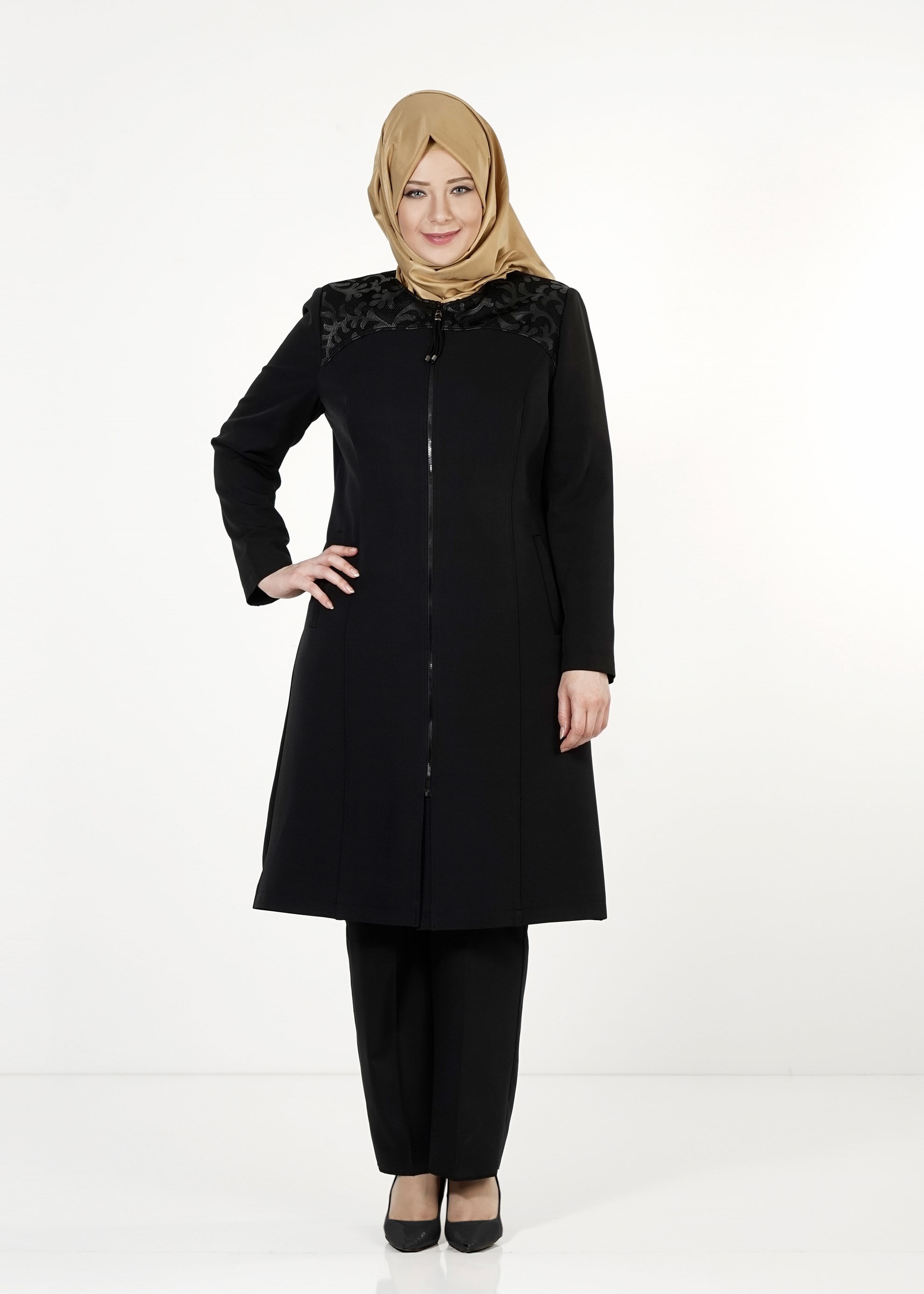 Tesettür giyim SİYAH FERMUARLI TRENÇKOT 1657 