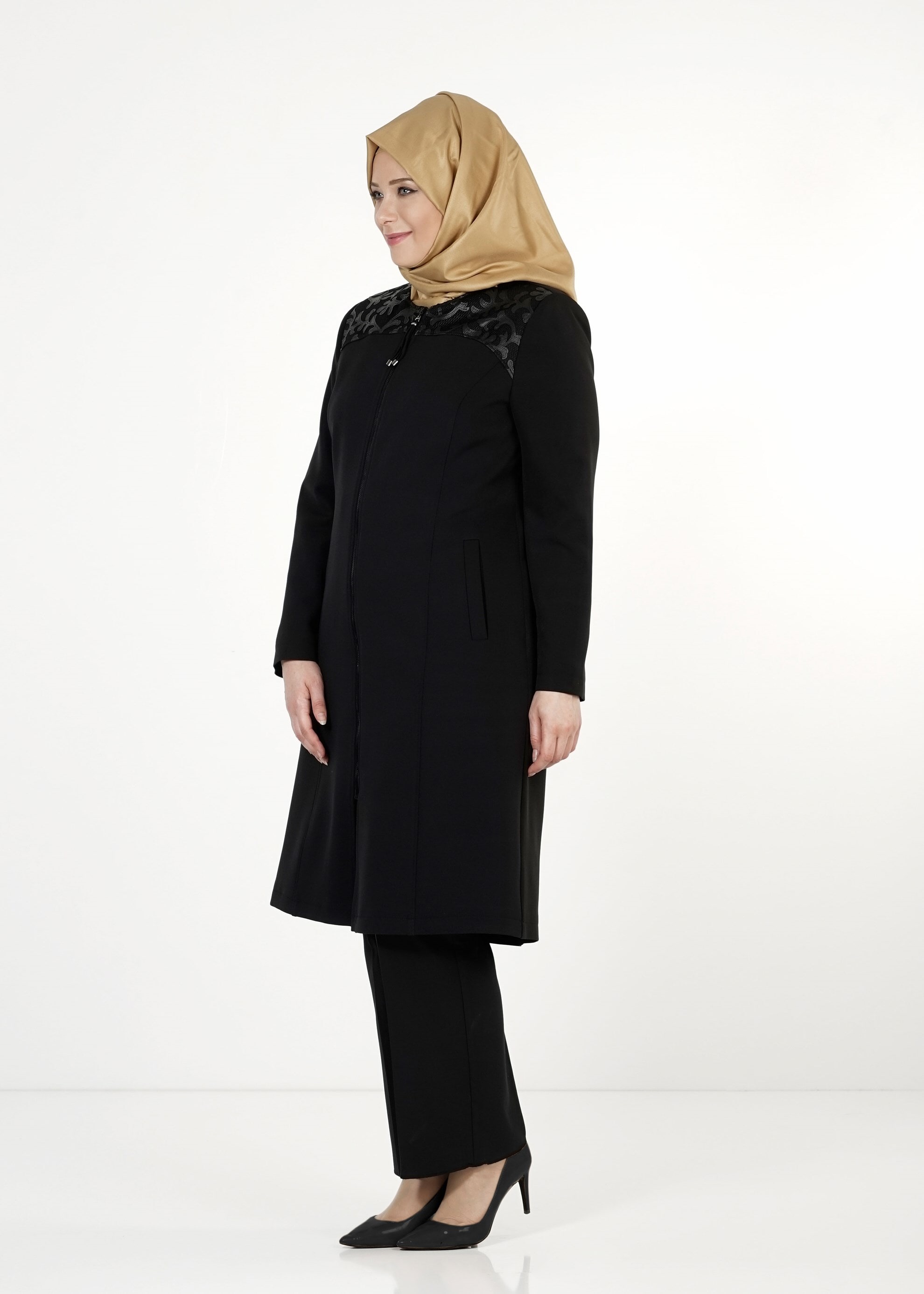 Tesettür giyim SİYAH FERMUARLI TRENÇKOT 1657 