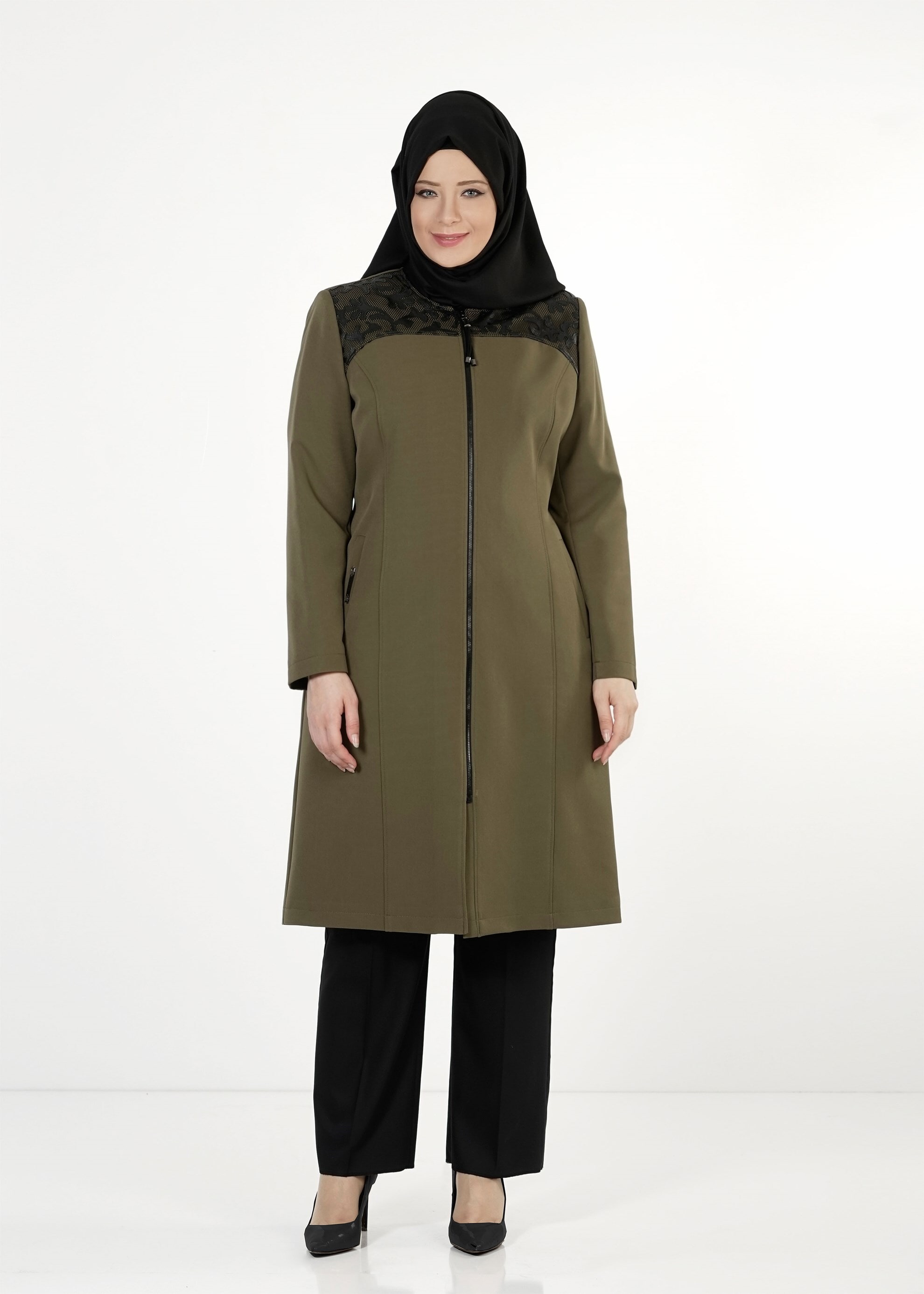 Tesettür giyim HAKİ FERMUARLI TRENÇKOT 1657 