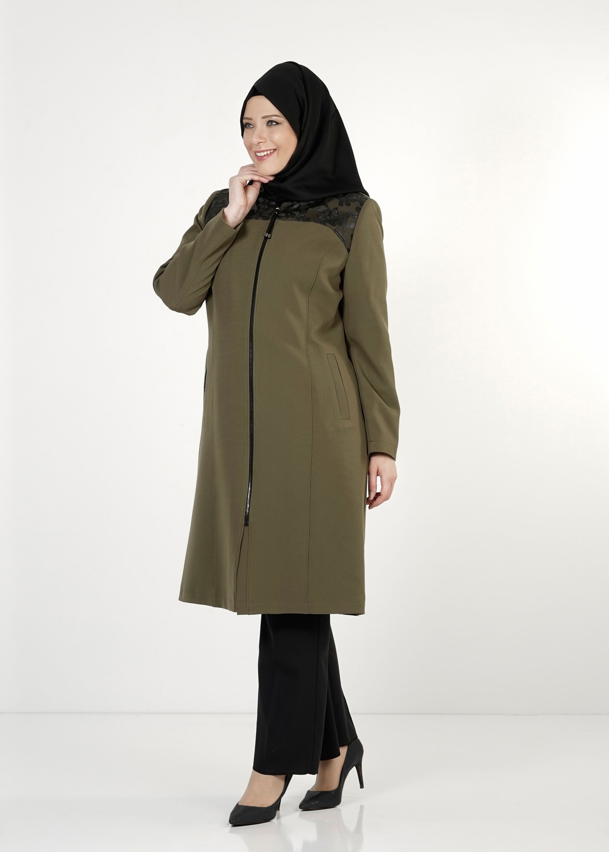 Tesettür giyim HAKİ FERMUARLI TRENÇKOT 1657 