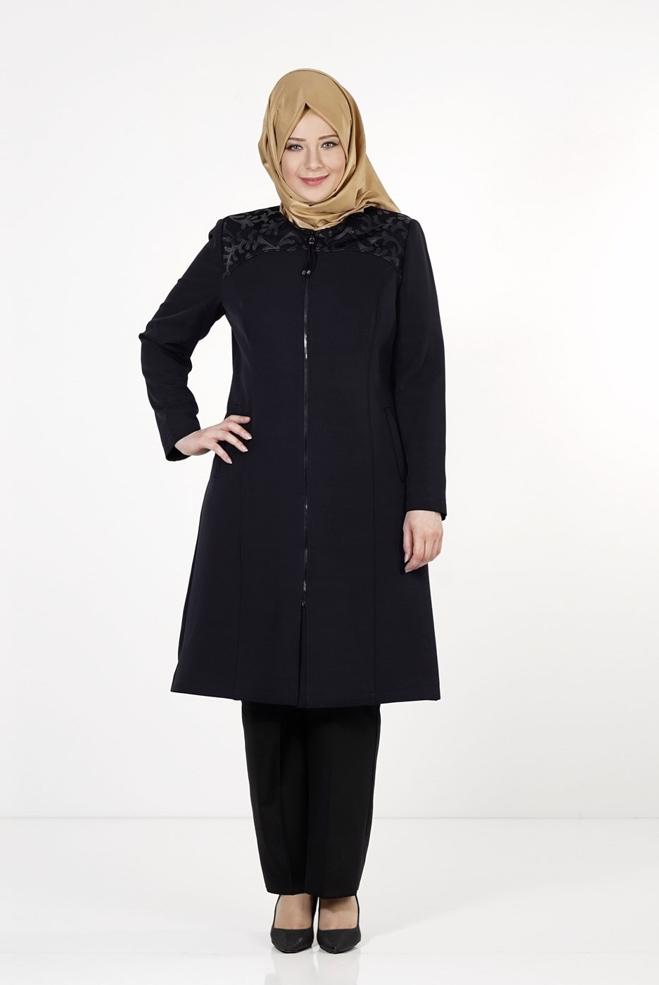 Hijab clothing NAVY BLUE ZIPPED TRENCH-COAT 1657  - ALVİNA