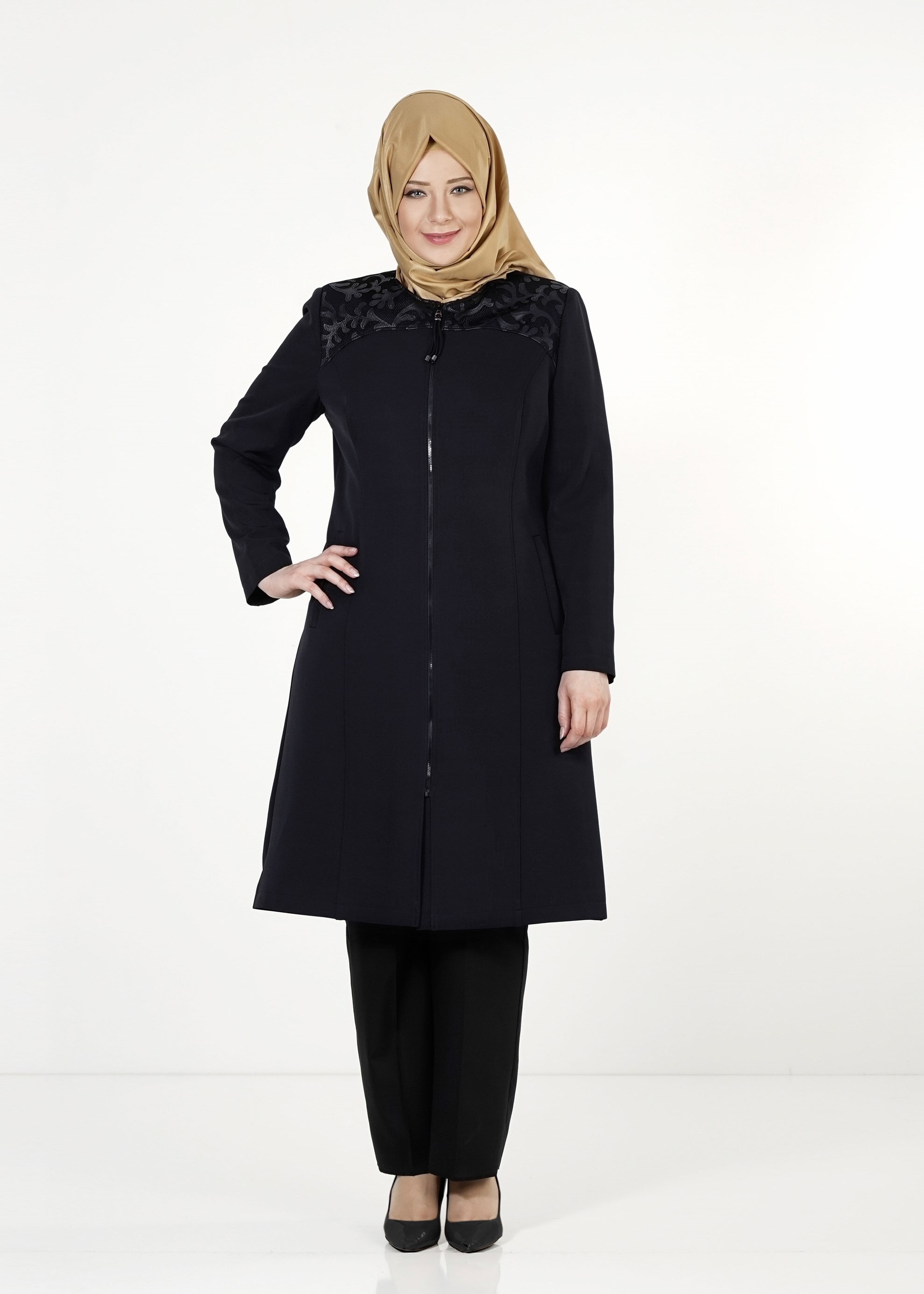 Hijab clothing NAVY BLUE ZIPPED TRENCH-COAT 1657 